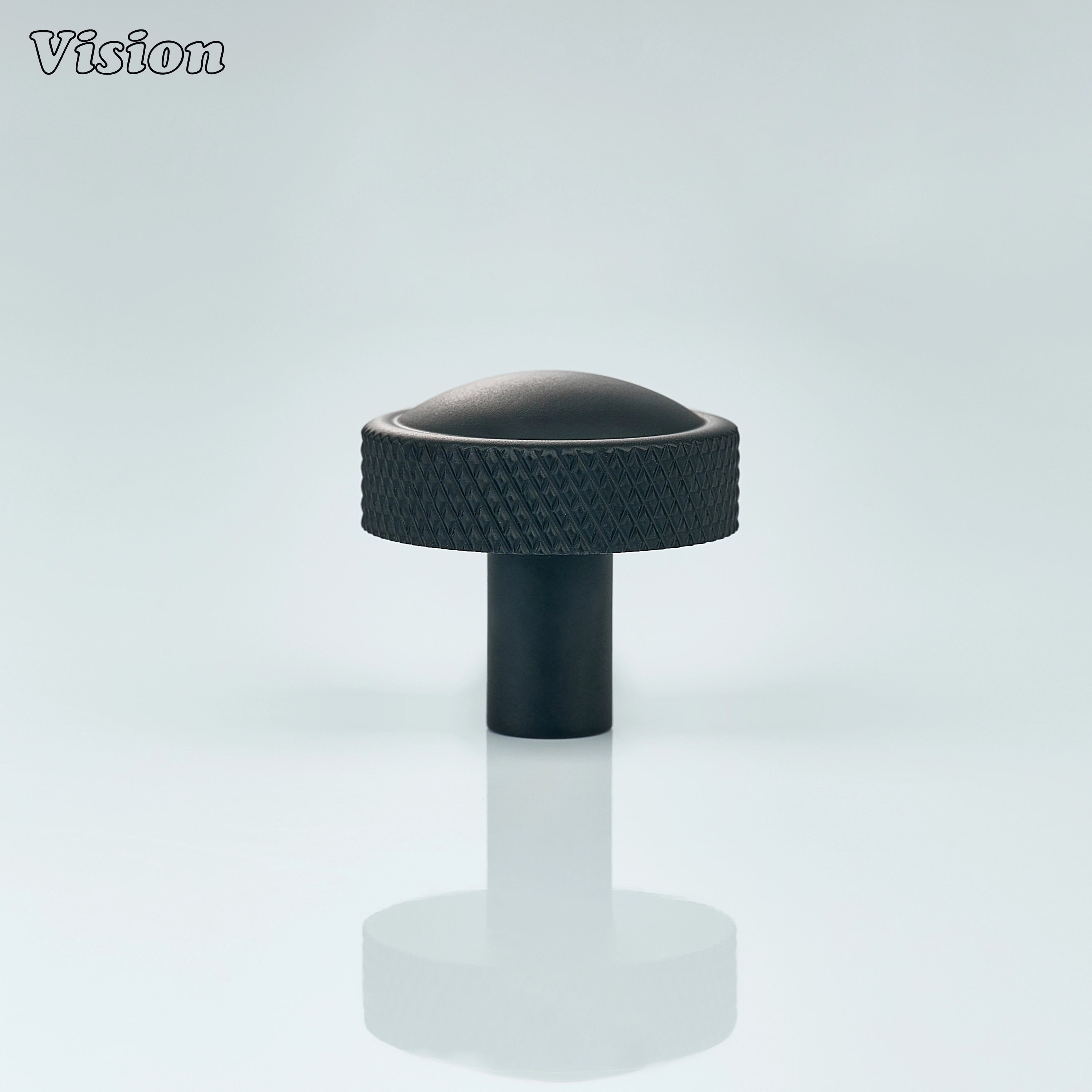 Black cabinet knob featuring precision knurled edge for furniture hardware
