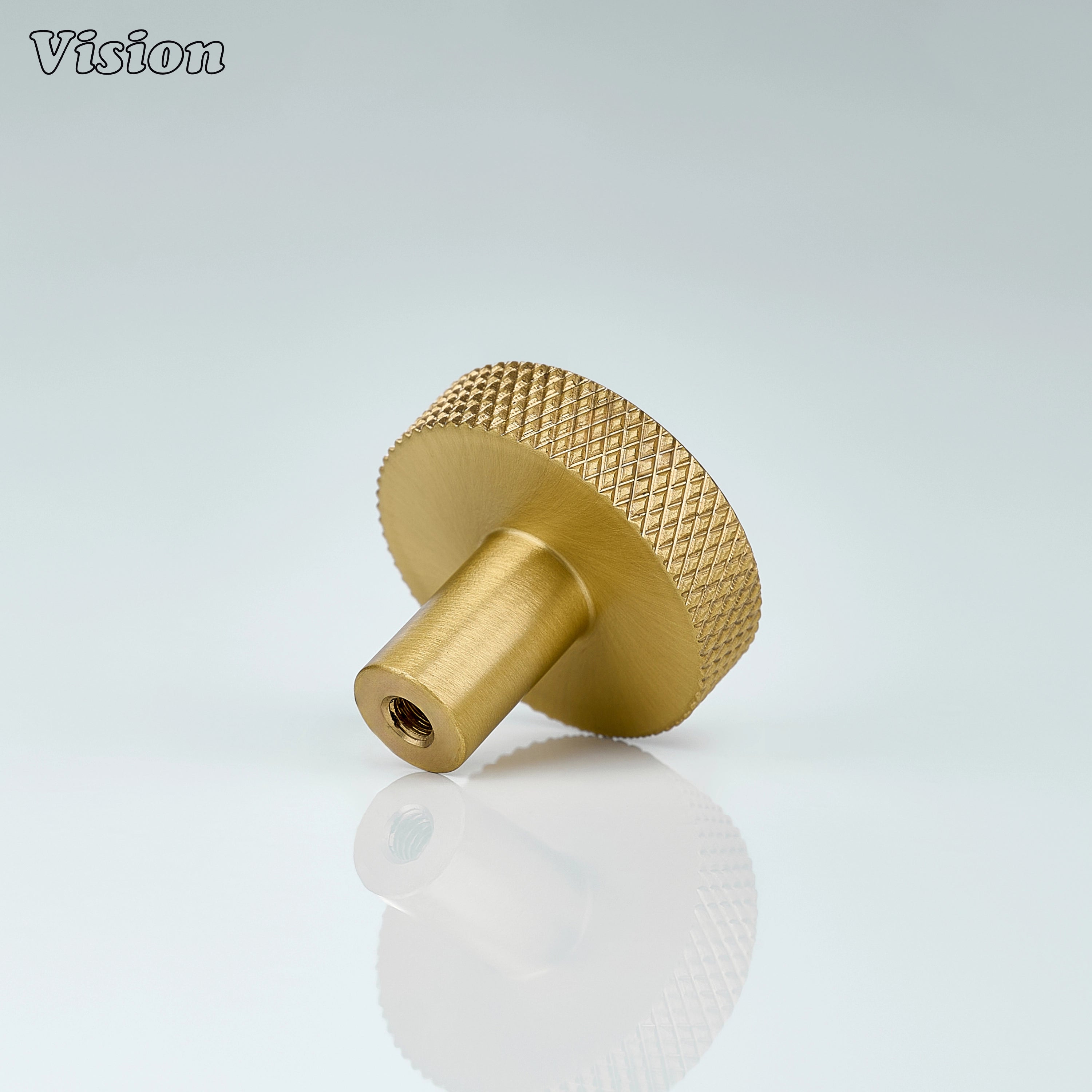 Solid brass Gold cabinet knob with knurled detailing for upscale kitchen cabinetry