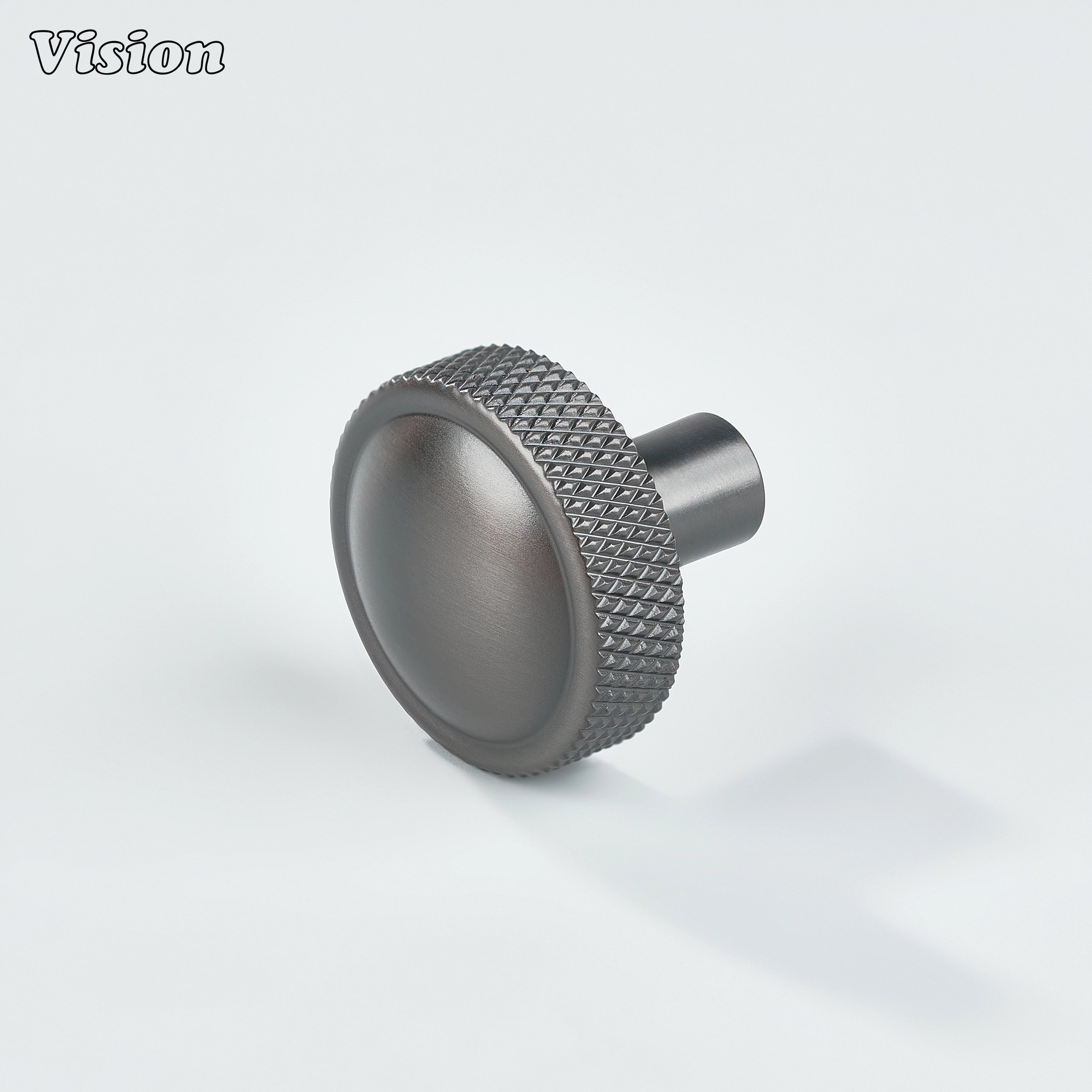 Gunmetal round cabinet knob with knurled profile and smooth brass top for modern cabinets
