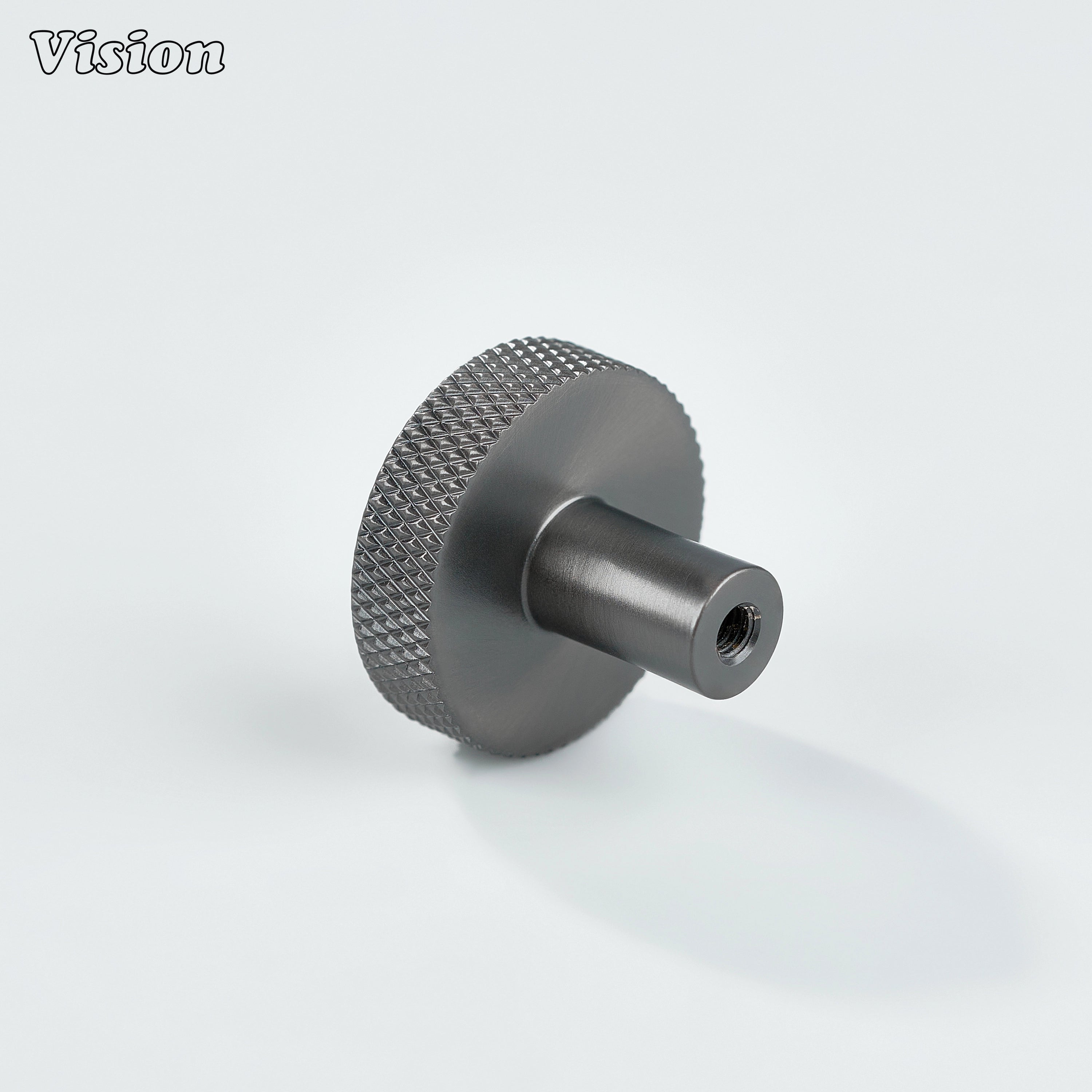 Gunmetal cabinet knob featuring precision knurled edge for drawer hardware