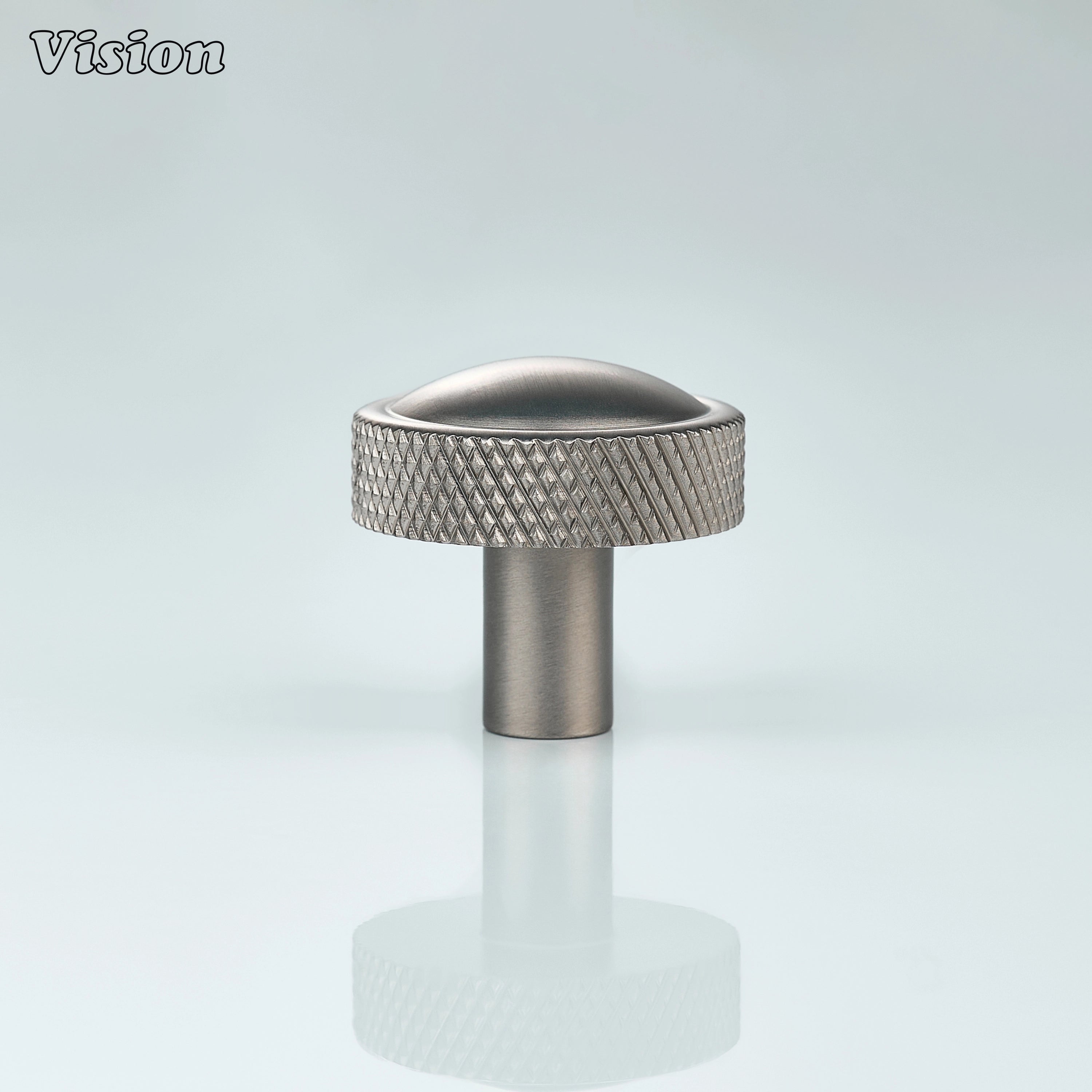 Silver cabinet knob with precision knurled edge and solid brass body