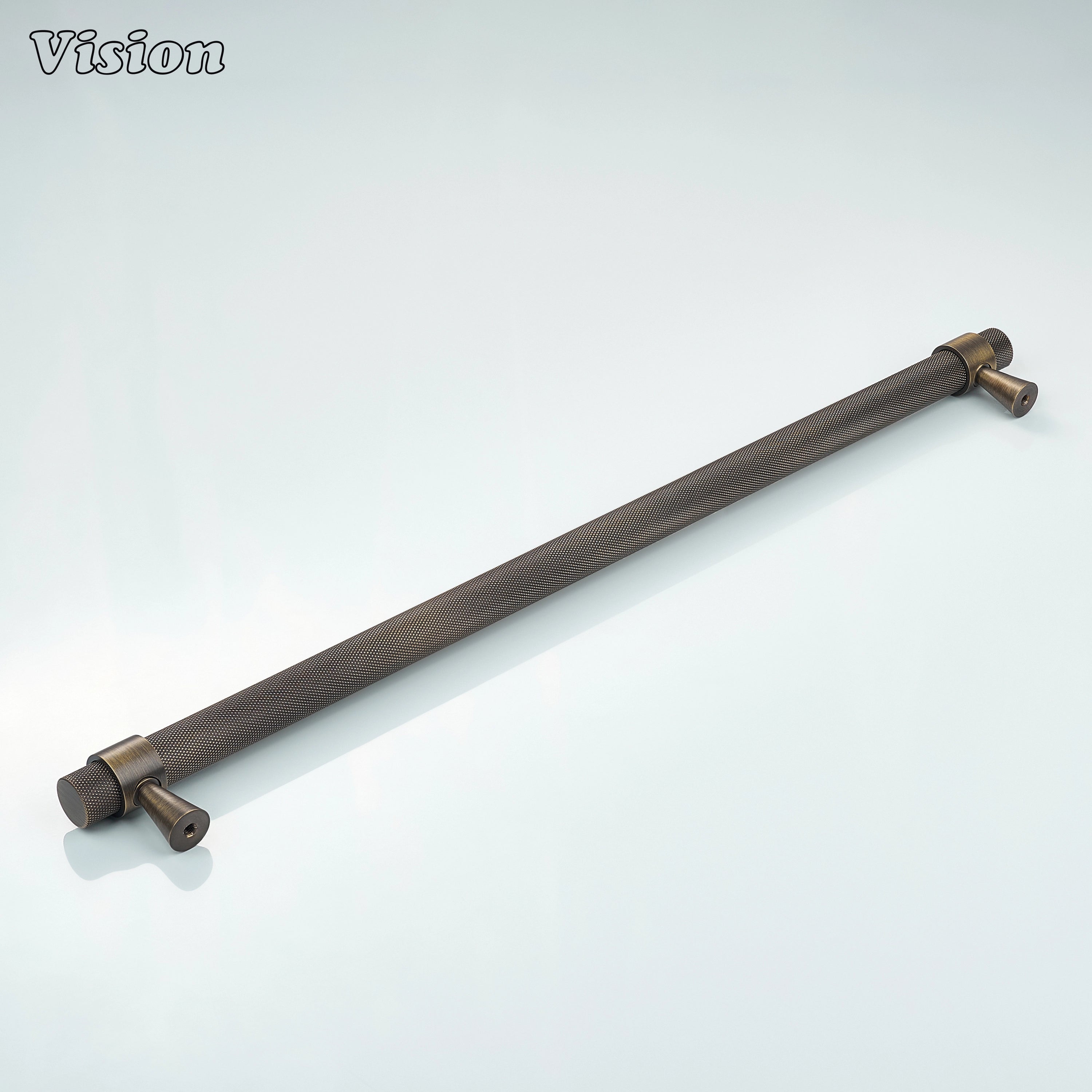 Antique Bronze knurled appliance pull with cylindrical bar profile for luxury kitchen appliances.
