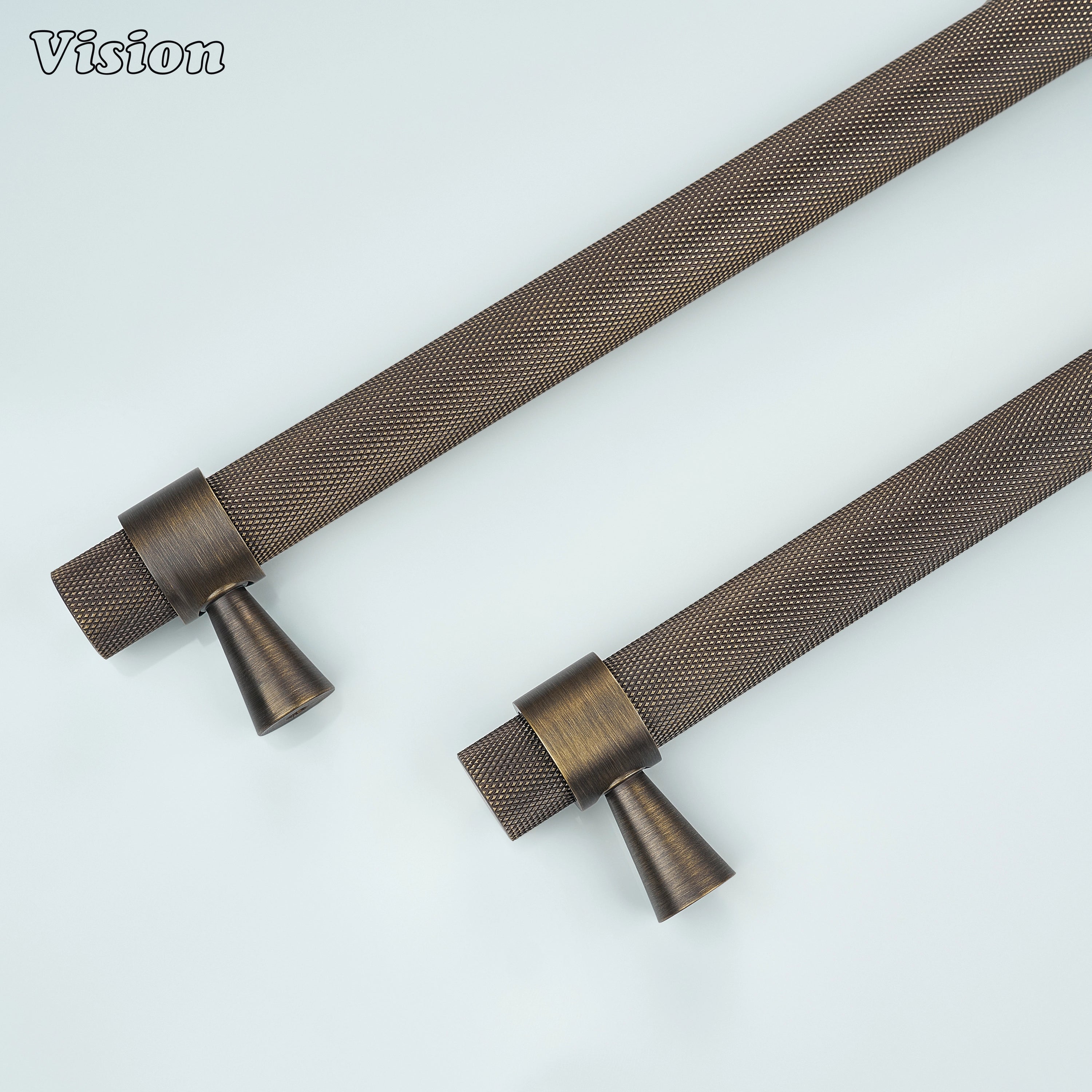 Contemporary Antique Bronze knurled appliance handle with decorative cone support for kitchen refrigeration.