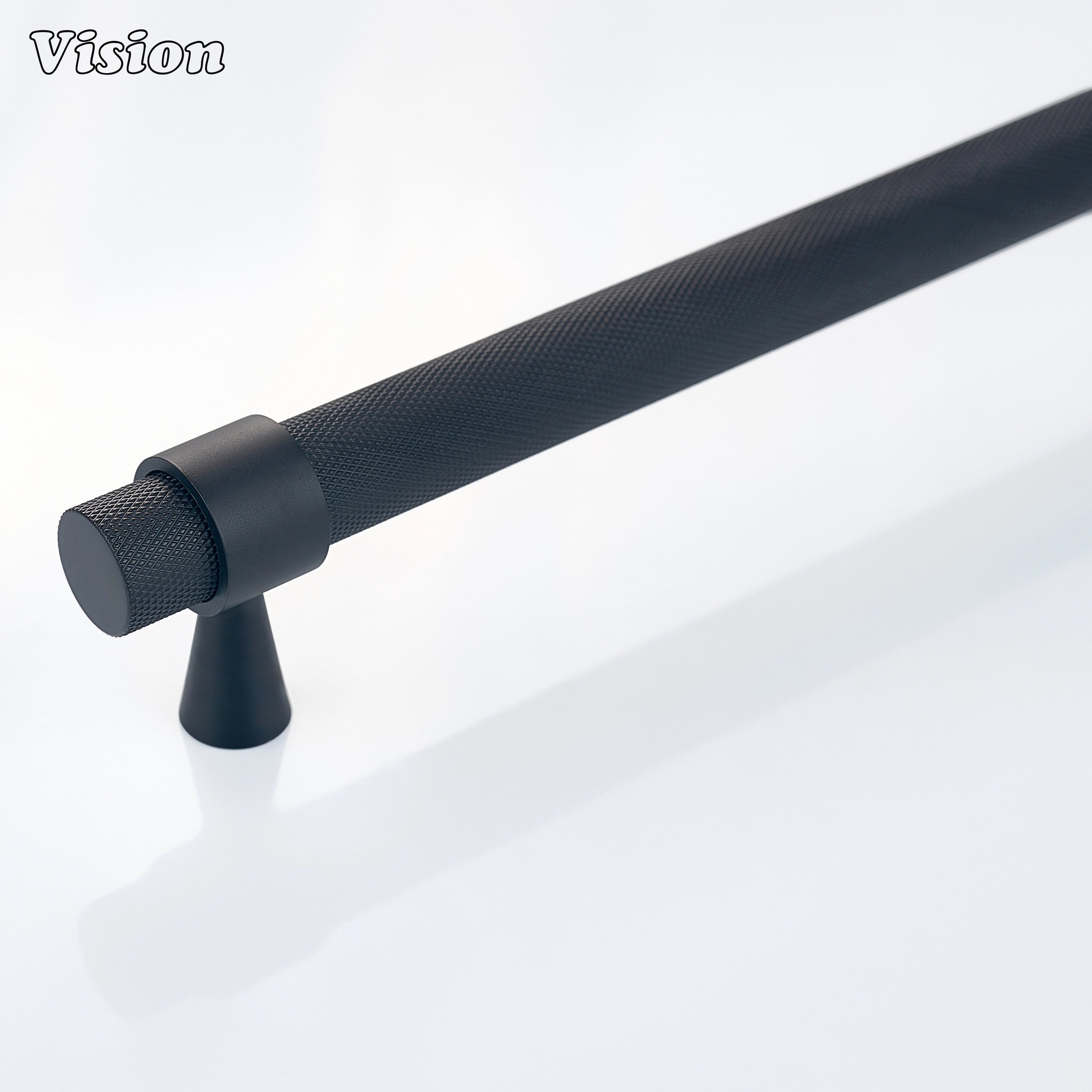 Black knurled brass appliance pull with diamond grip and round bar profile for integrated refrigerator doors.