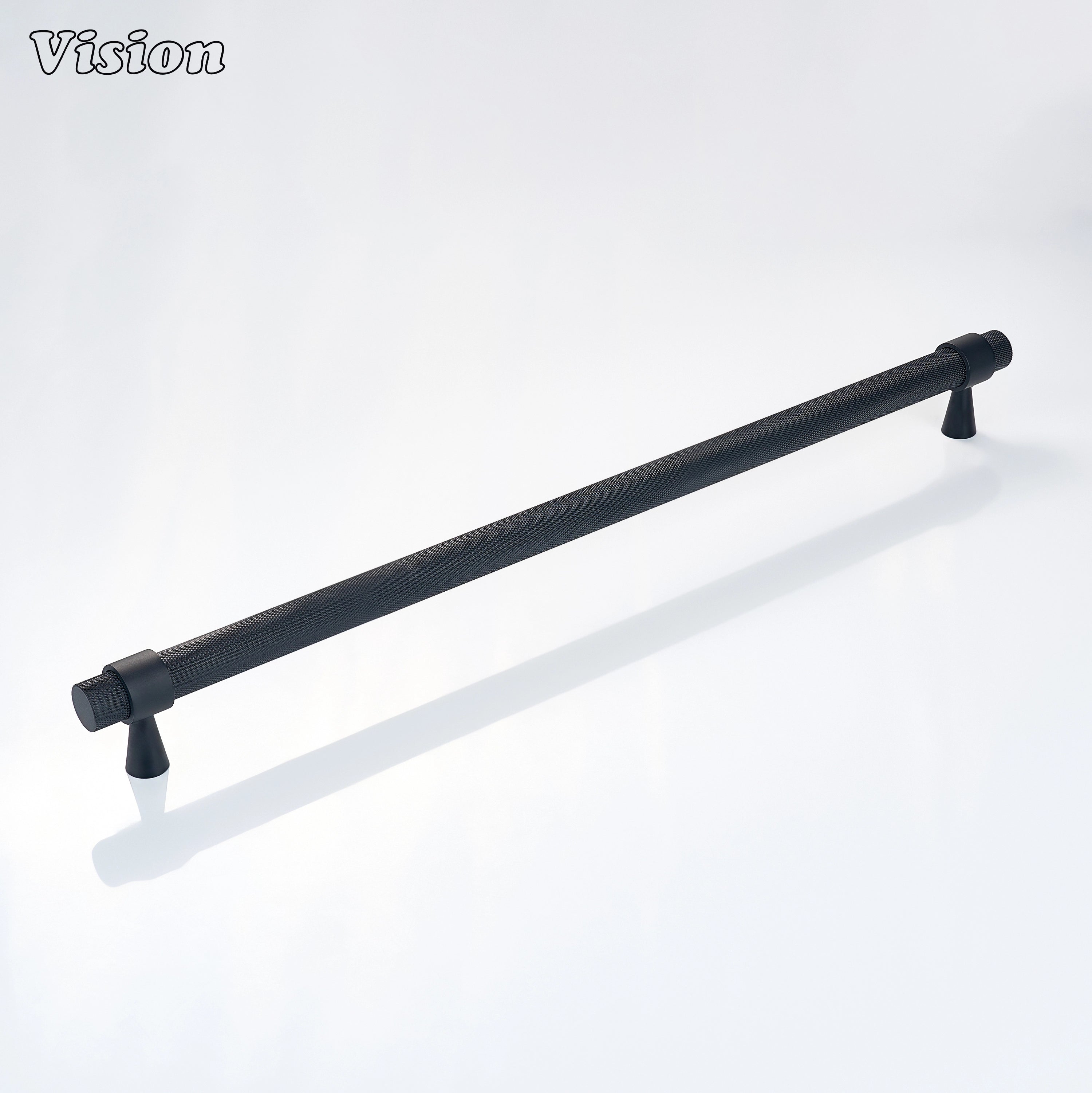 Black solid brass appliance handle with decorative cone support for kitchen appliances.