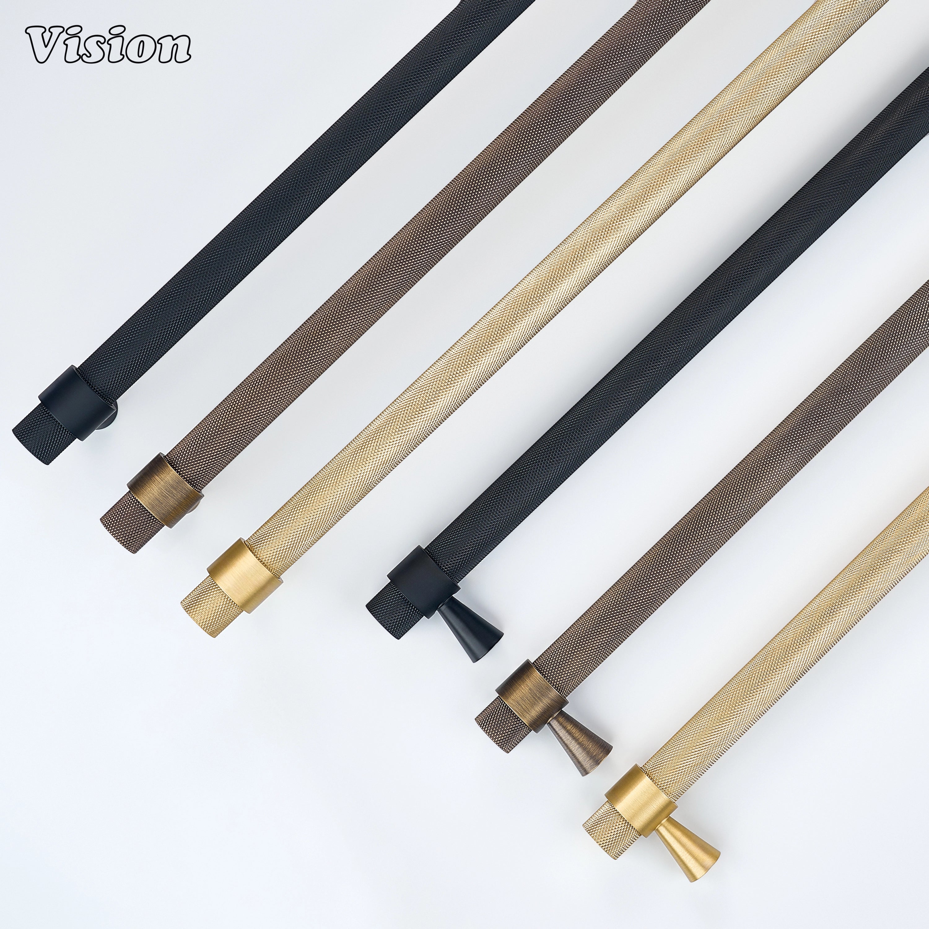 Black appliance pull with textured brass bar for oversized refrigerator doors.
