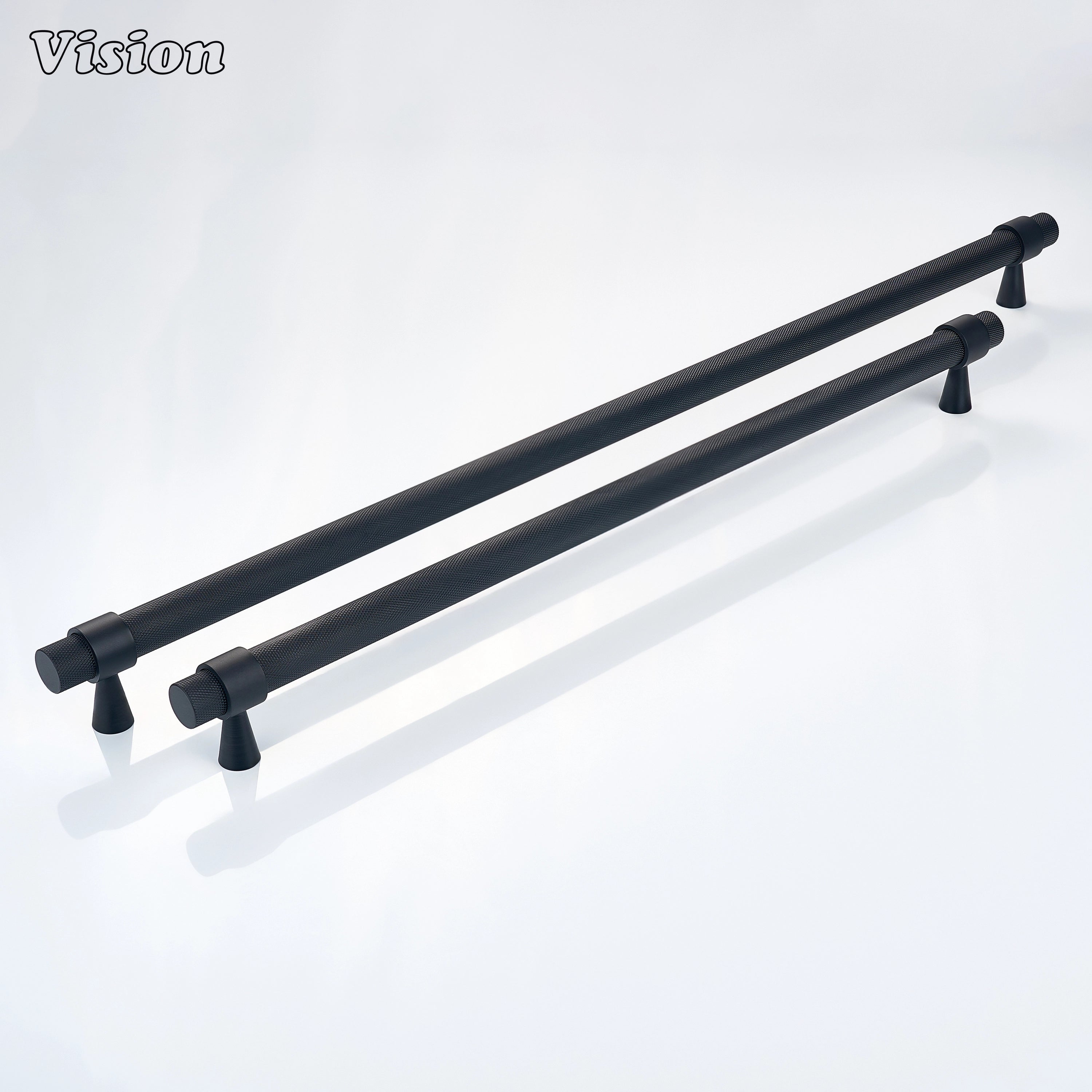 Black diamond knurled brass appliance handle for integrated pantry appliance cabinetry.