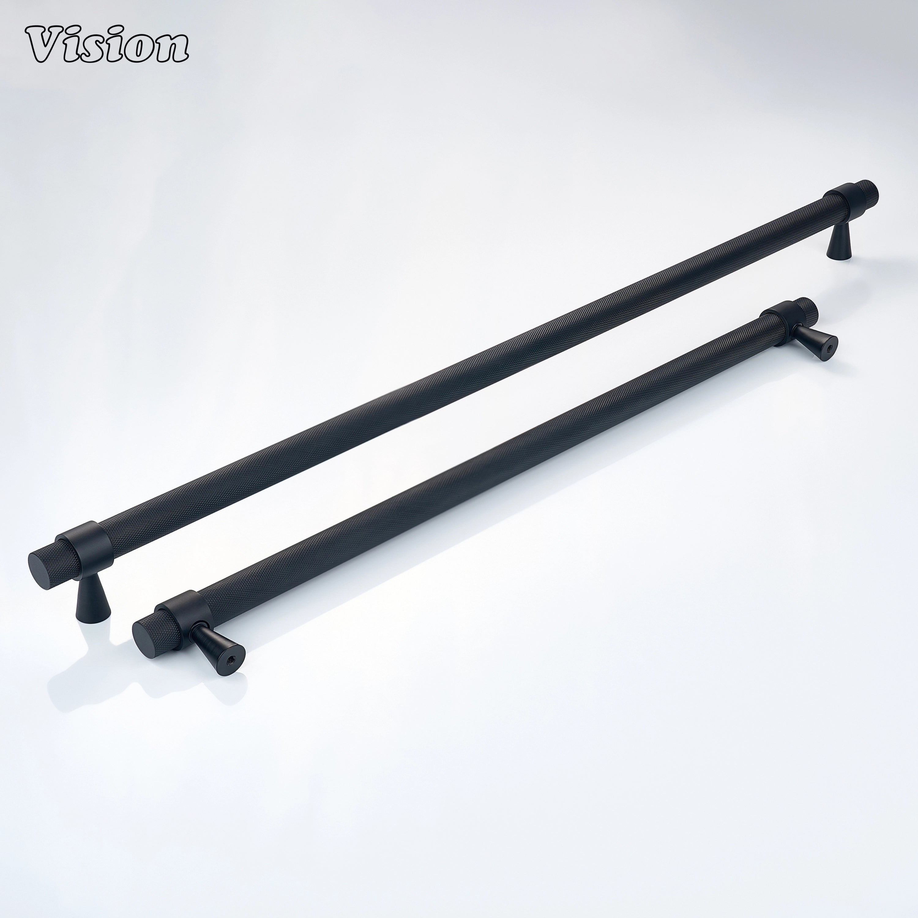 Black appliance pull with cylindrical bar profile for built-in wine cooler cabinets.
