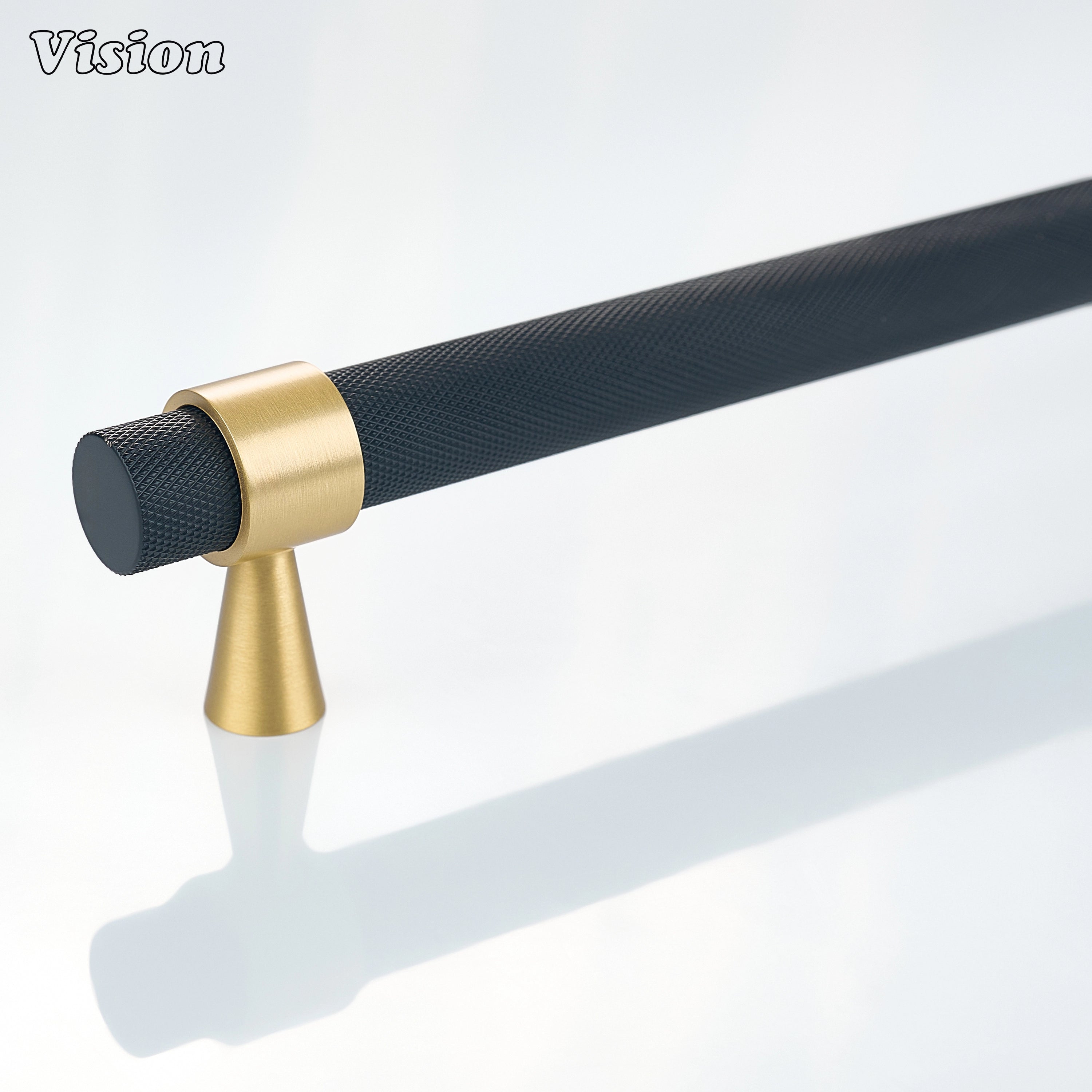 Black and Gold knurled brass appliance pull with diamond grip for integrated refrigerator cabinetry.