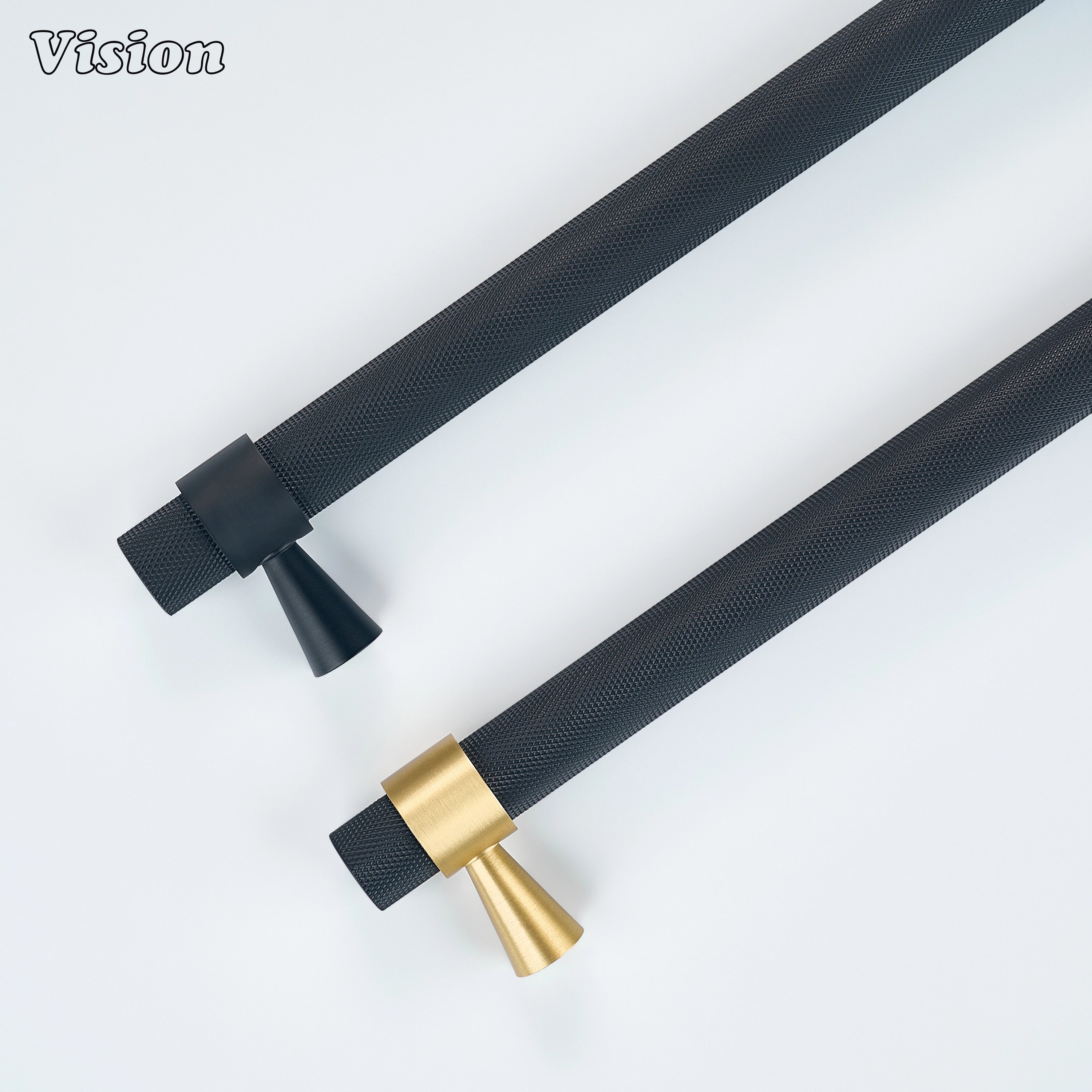 Black and Gold appliance pull with refined brass craftsmanship for refrigerator cabinets.