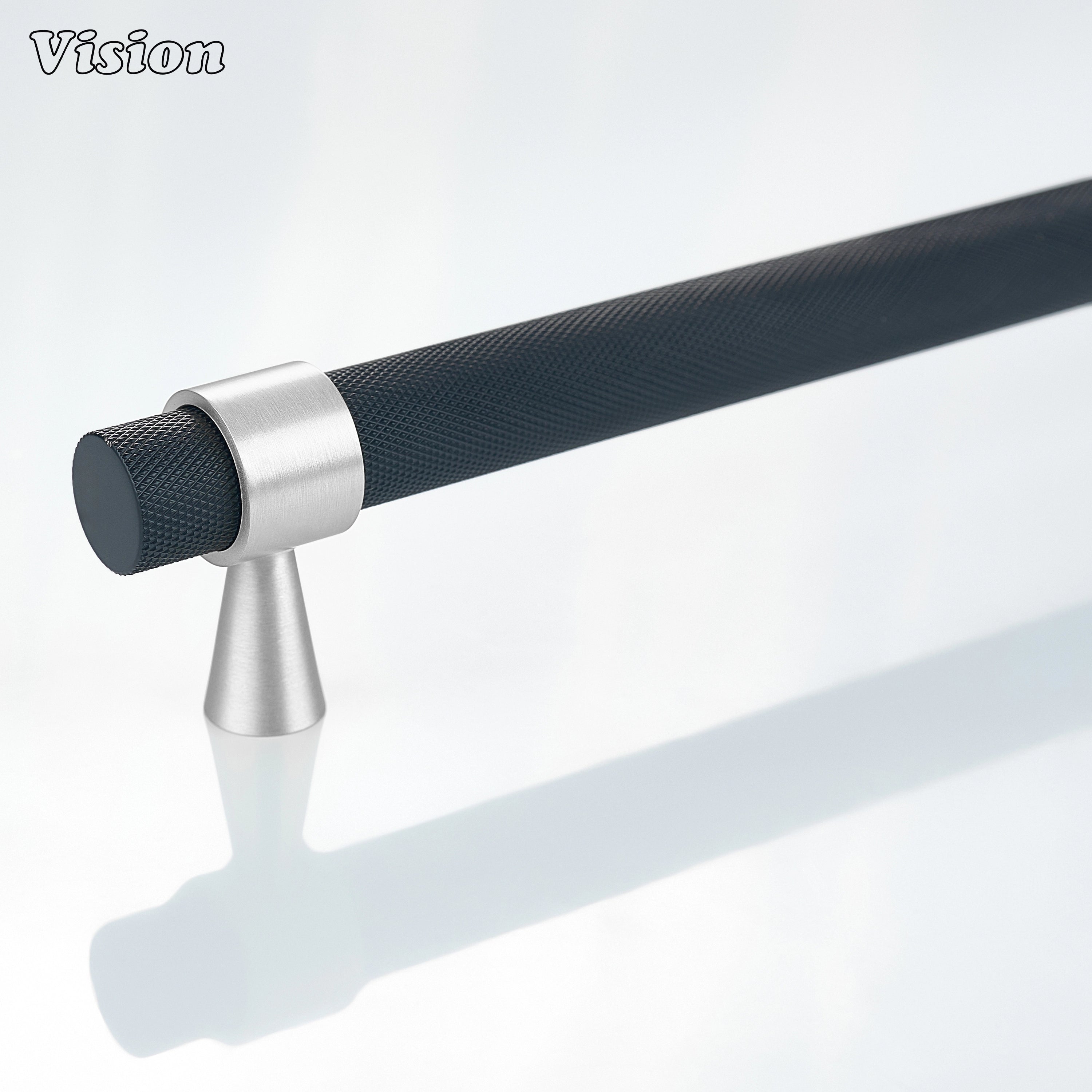 Black and Silver knurled brass appliance pull with diamond grip for integrated refrigerator doors.