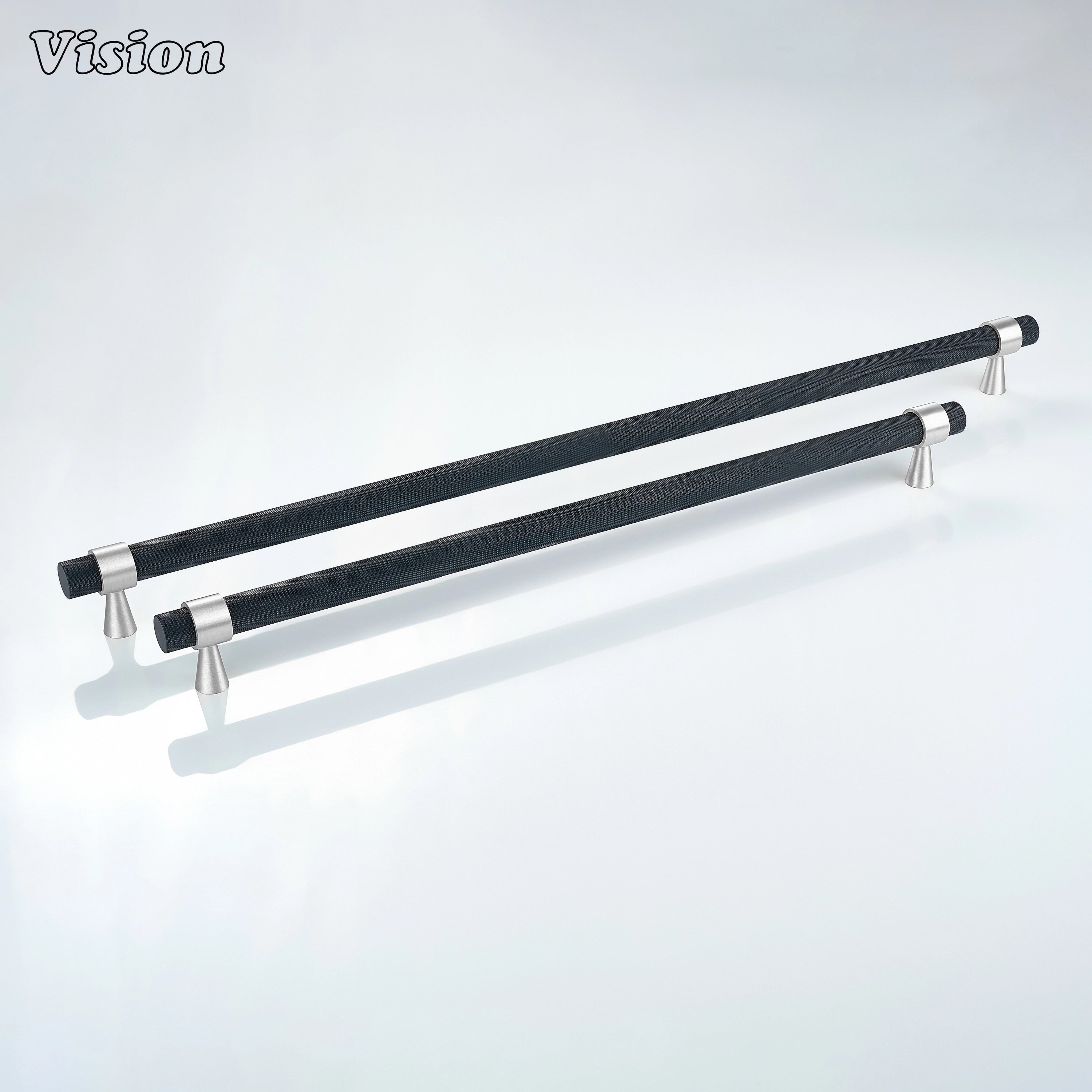 Black and Silver diamond knurled appliance handle with decorative cone support for pantry appliance doors.