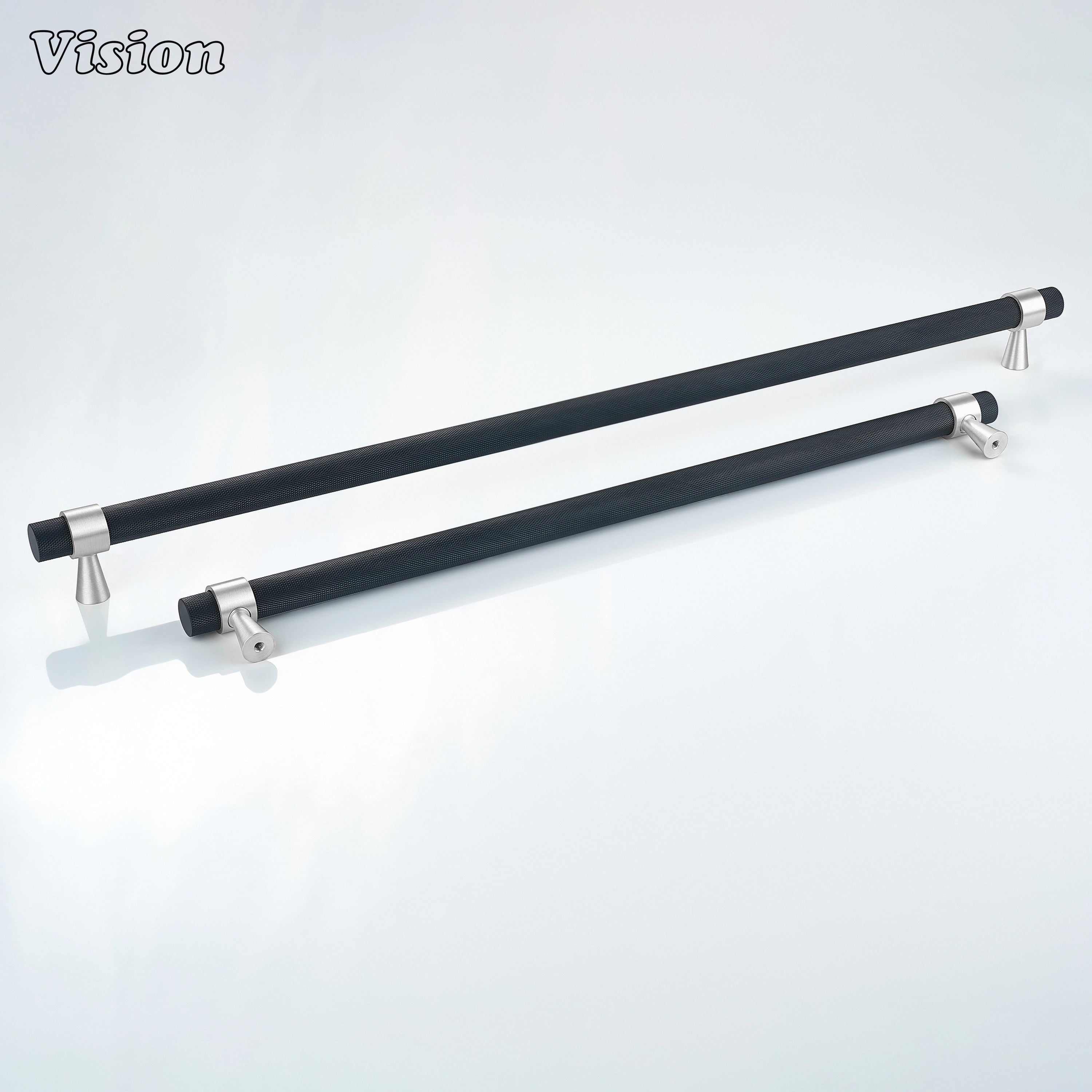 Black and Silver appliance pull with textured grip for integrated wine cooler cabinetry.