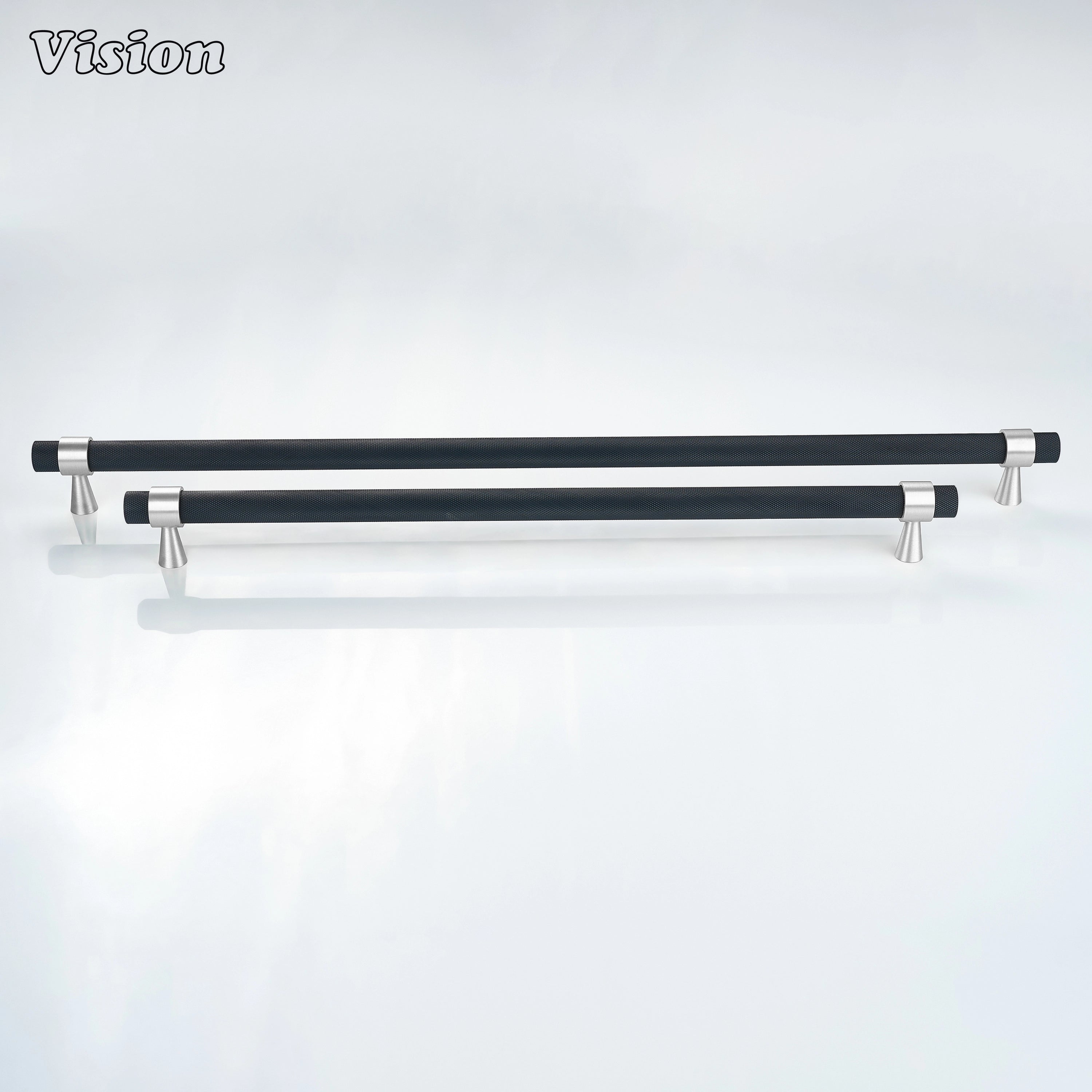 Black and Silver knurled brass appliance handle designed for heavy appliance cabinet doors.