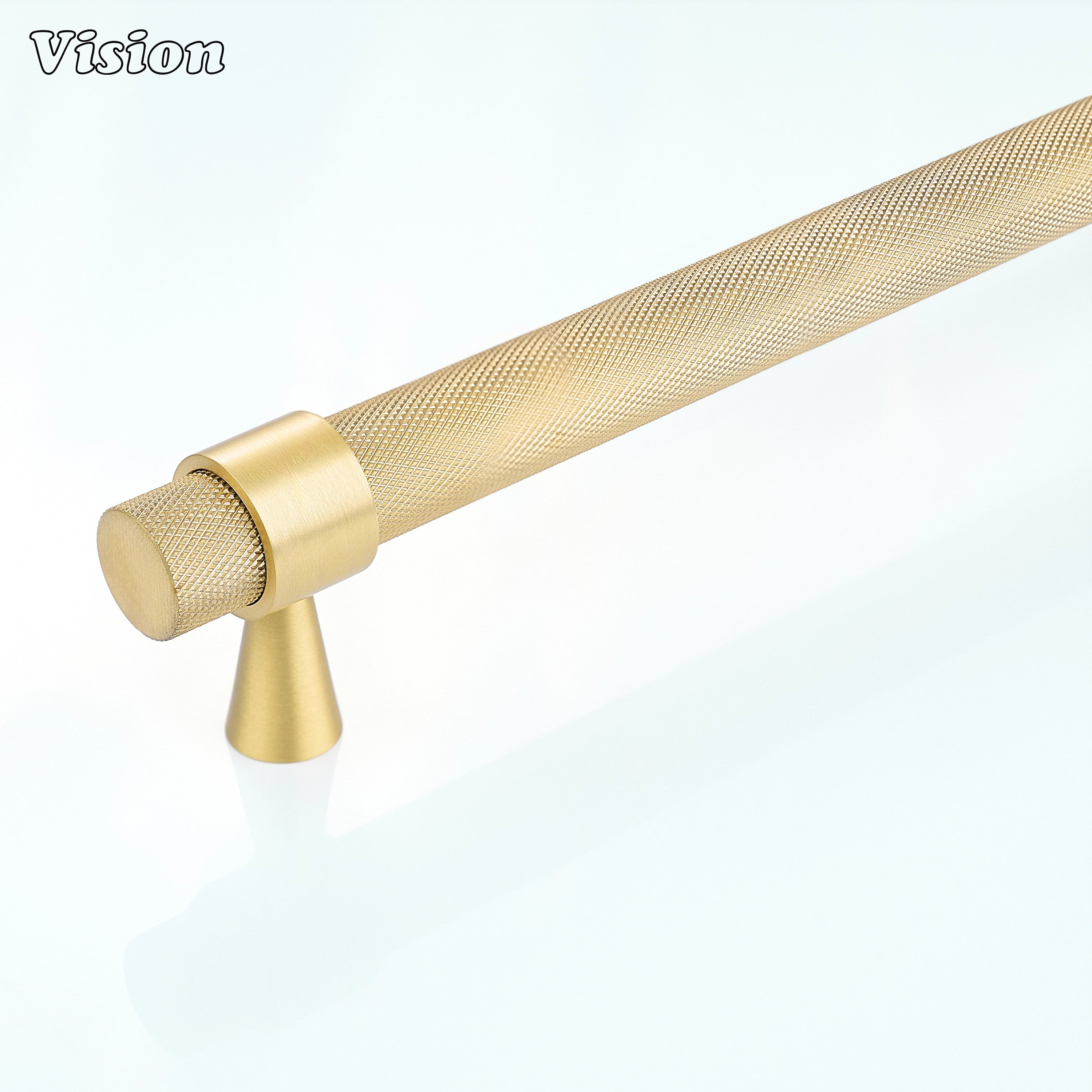 Gold knurled brass appliance pull with diamond grip and round bar design for integrated refrigerator doors in luxury kitchens.