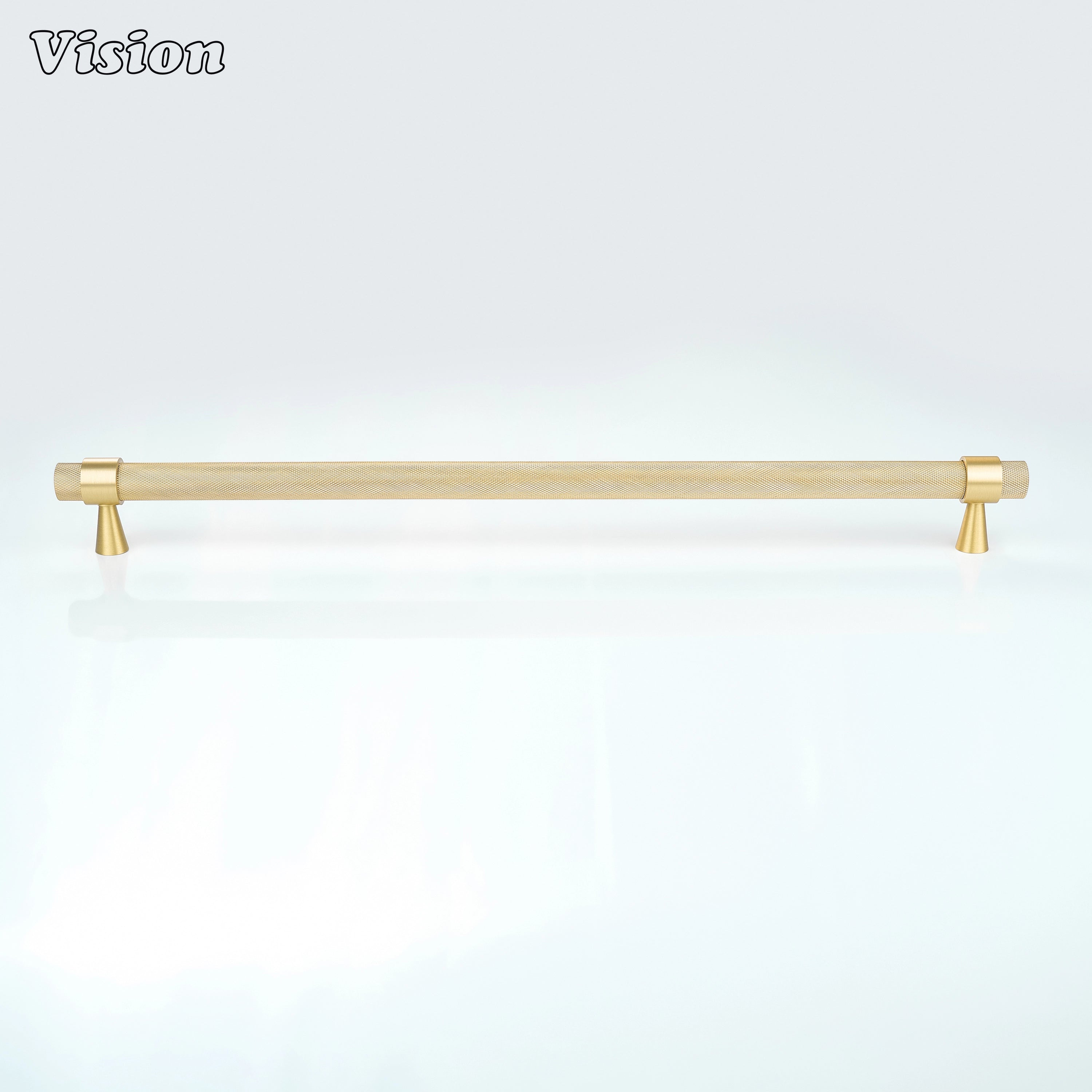 Gold textured brass appliance pull with elegant cone detail for integrated pantry storage appliances.