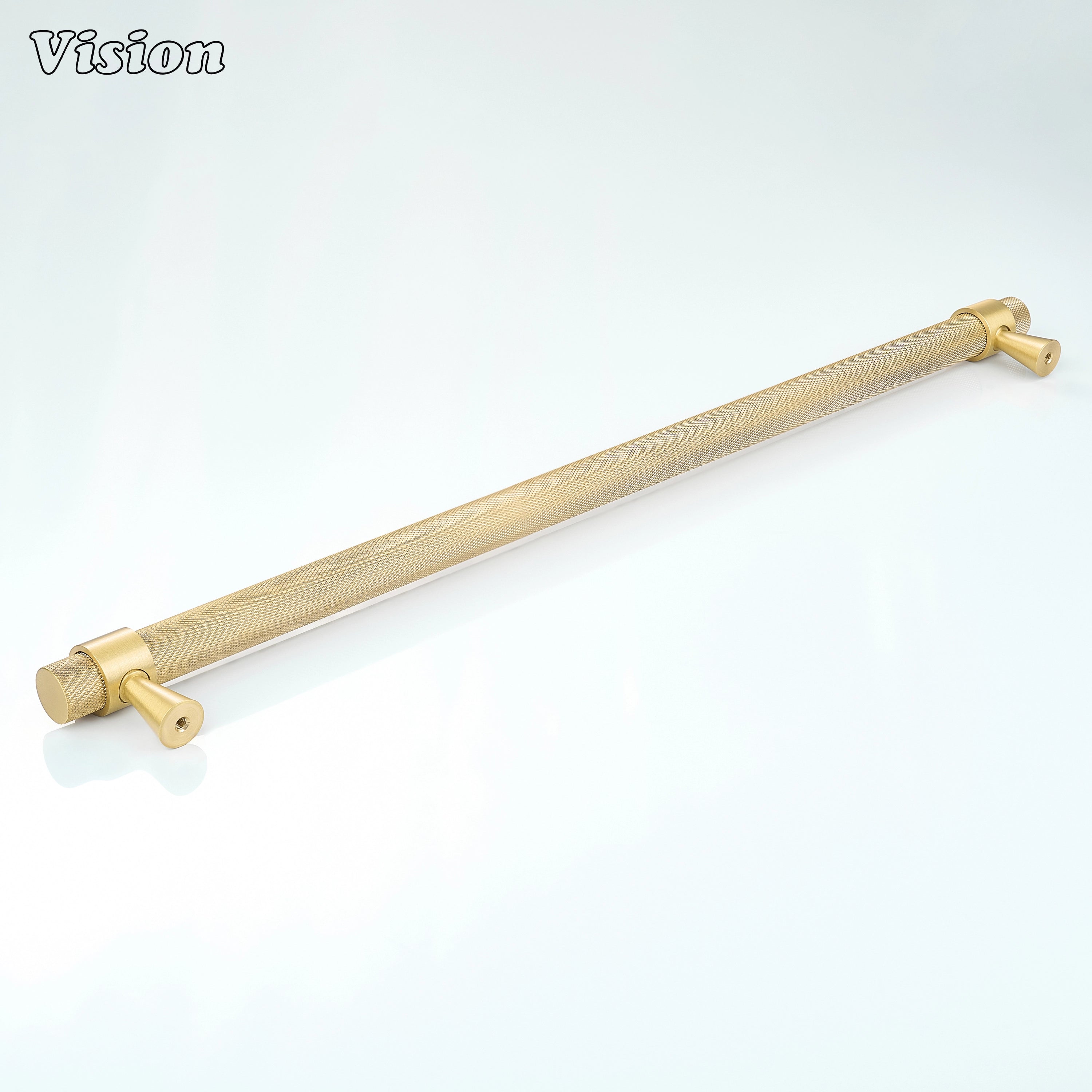 Gold knurled appliance handle designed for oversized refrigerator doors and premium kitchen cabinetry.