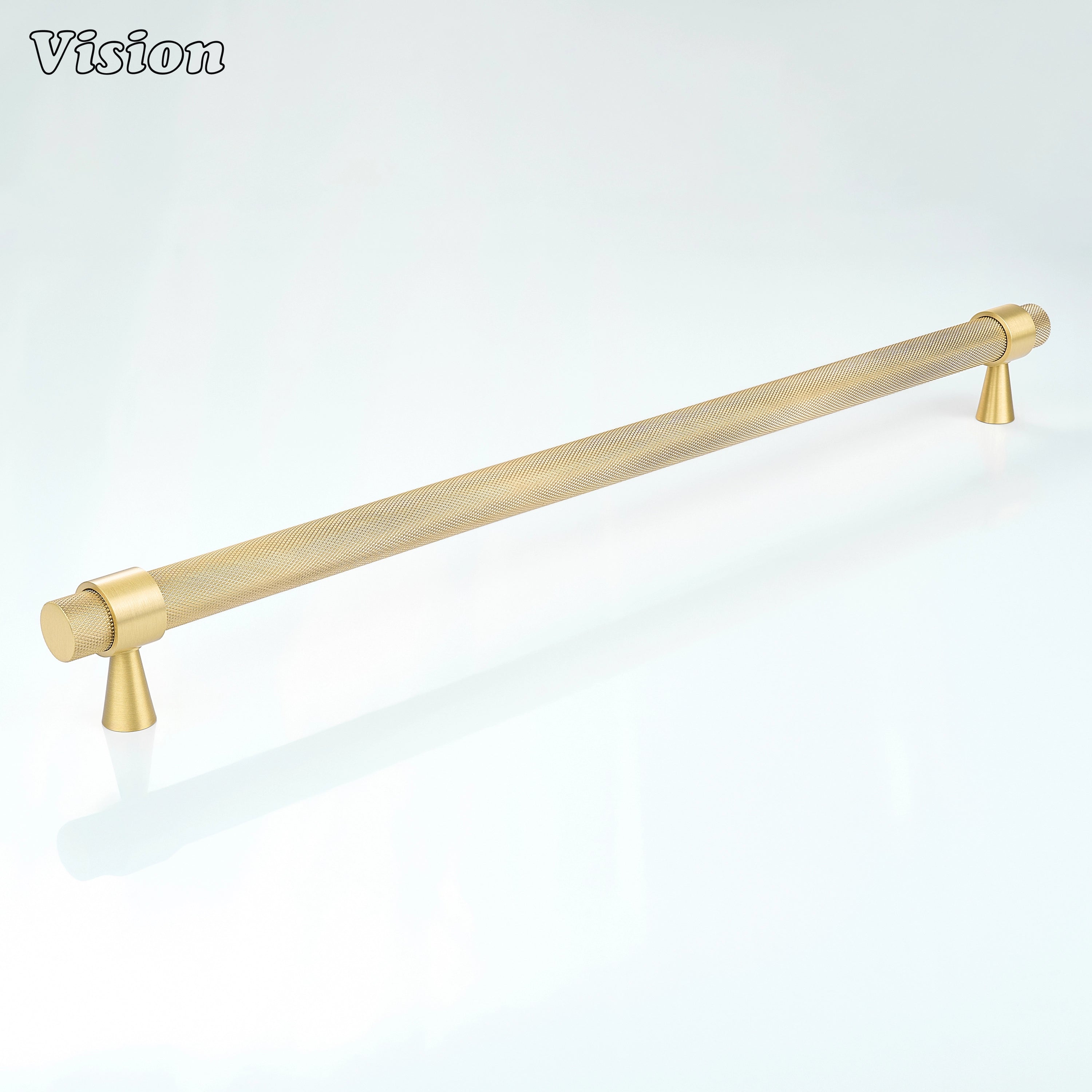Gold diamond knurled brass appliance pull with cylindrical profile for high-end appliance installations.