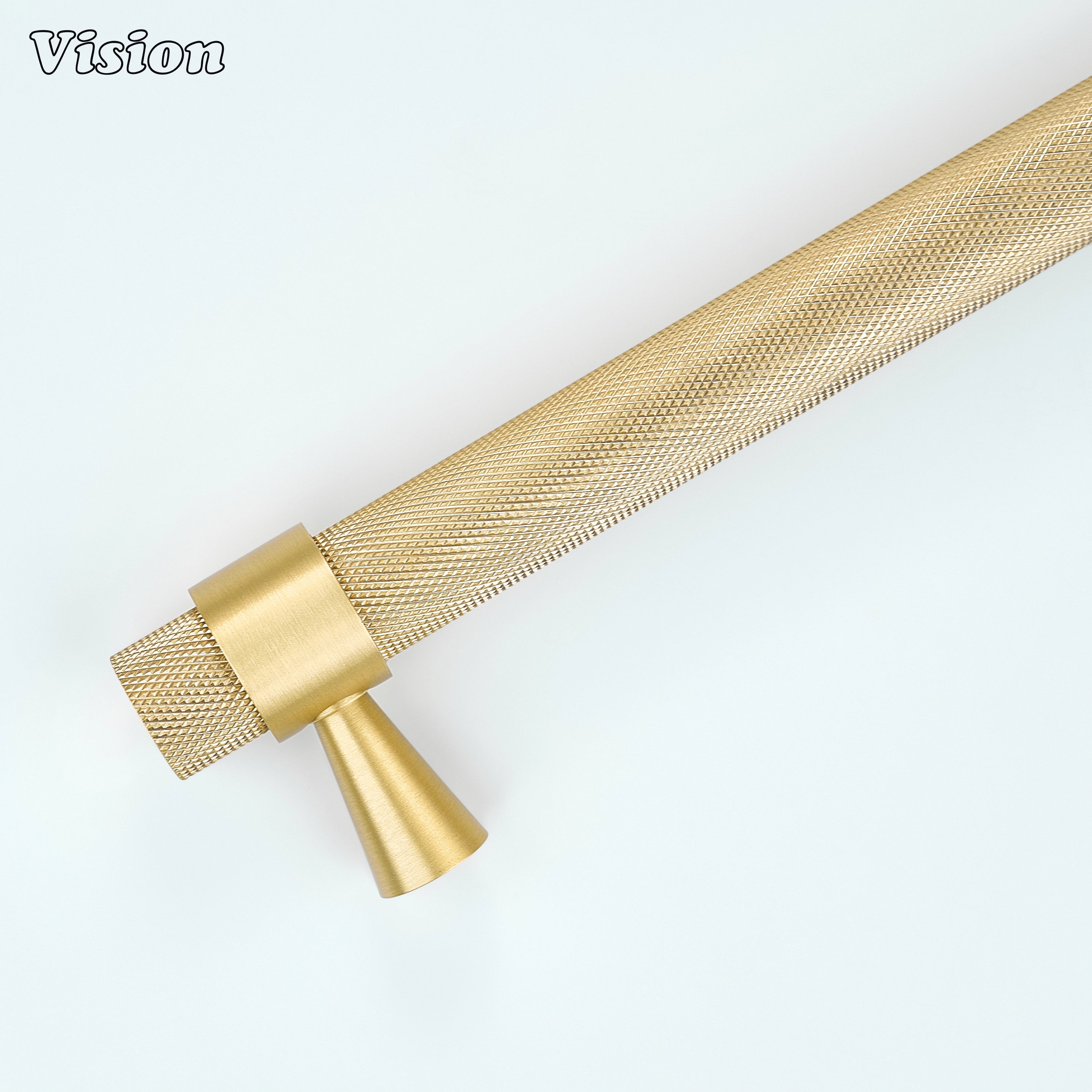 Gold brass appliance pull with textured grip and modern industrial styling for built-in kitchen appliances.