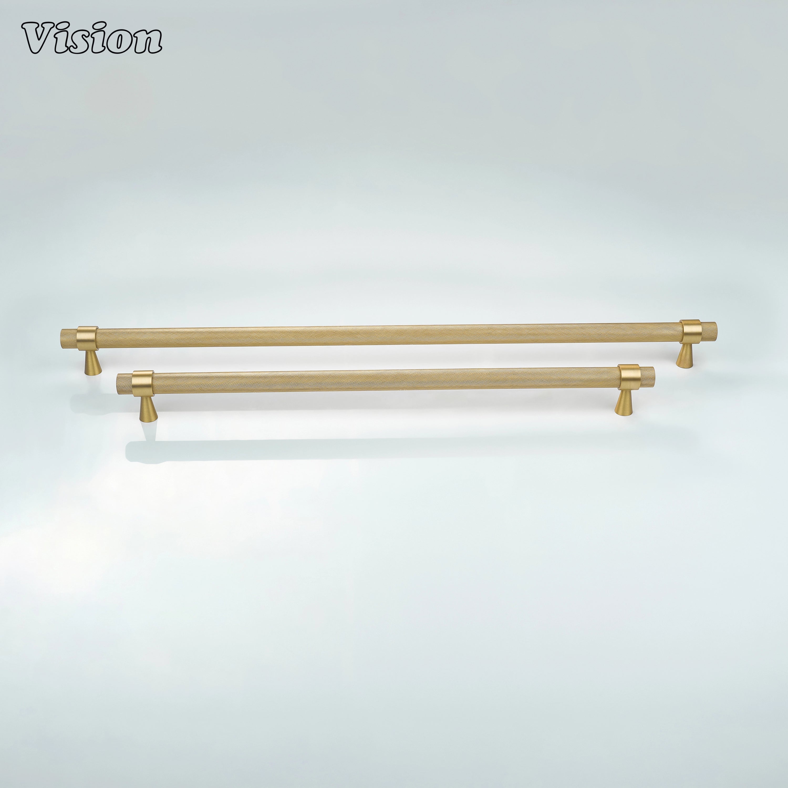Gold knurled brass appliance handle with minimalist bar profile for integrated wine cooler cabinetry.
