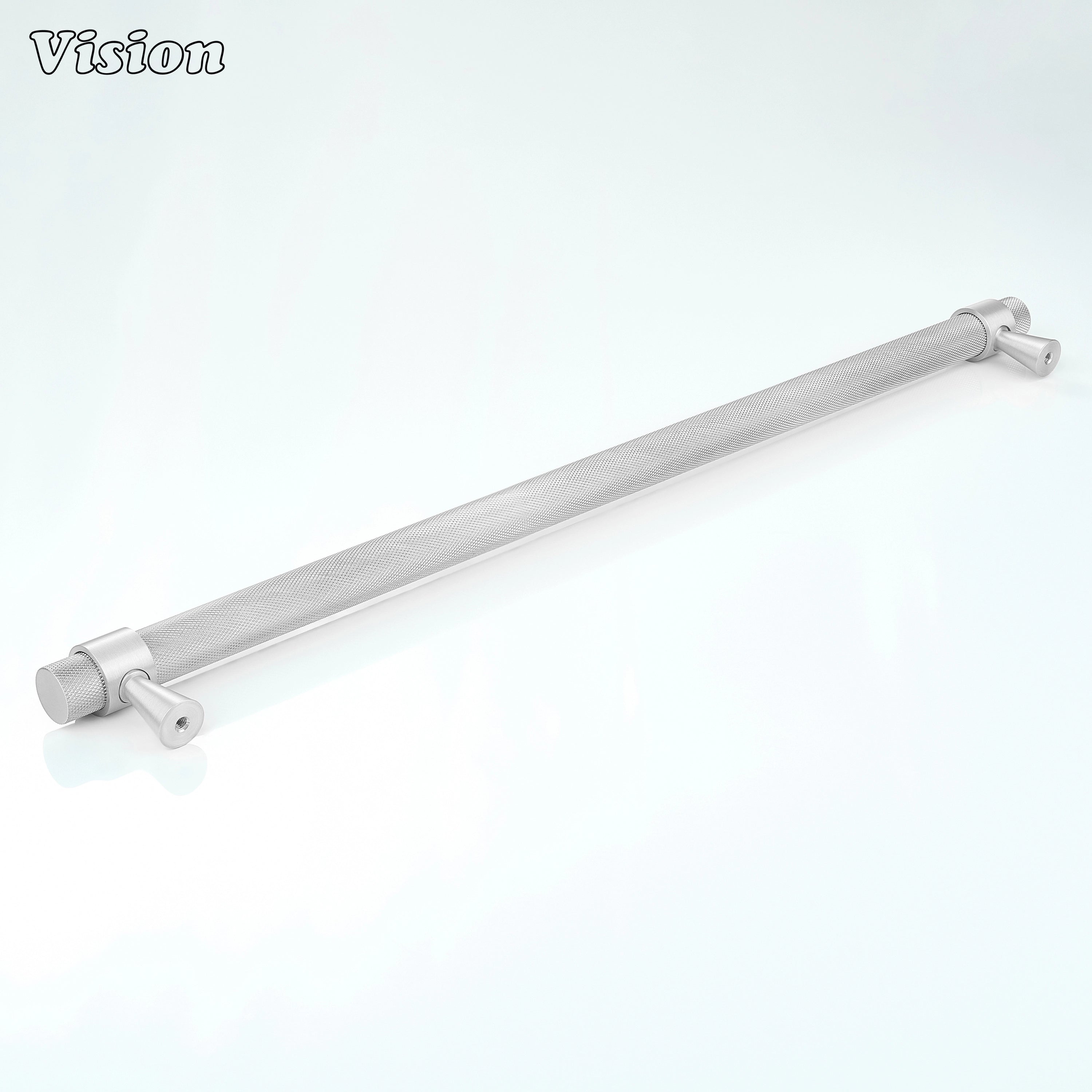 Silver knurled appliance handle designed for luxury built-in refrigerator cabinetry.
