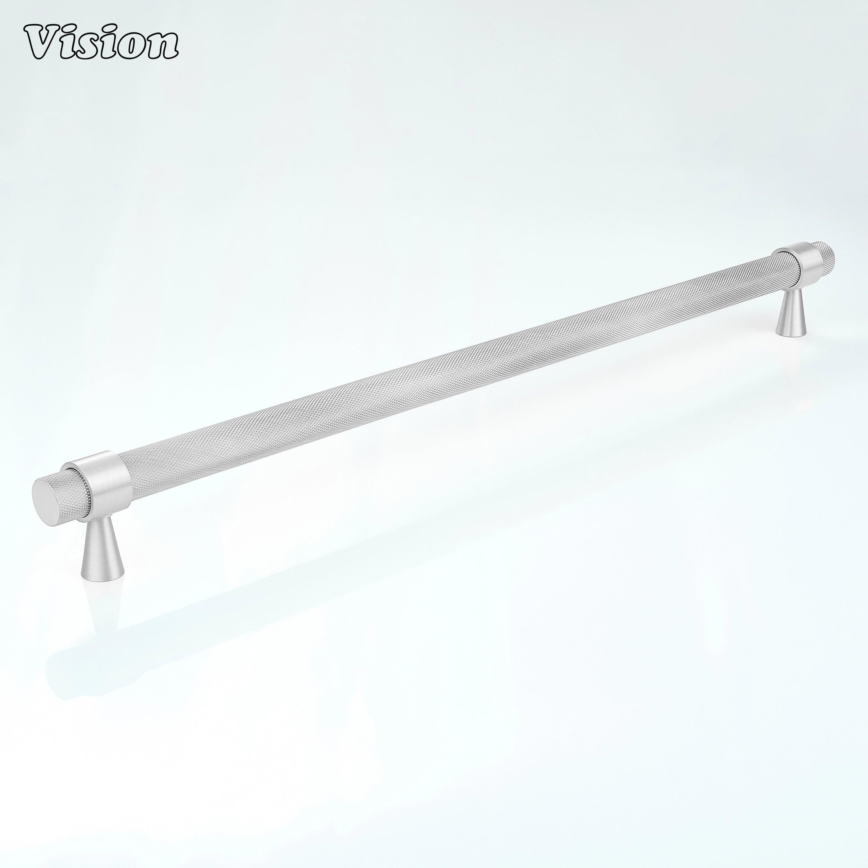 Silver diamond knurled brass appliance pull with refined industrial styling for freezer doors.