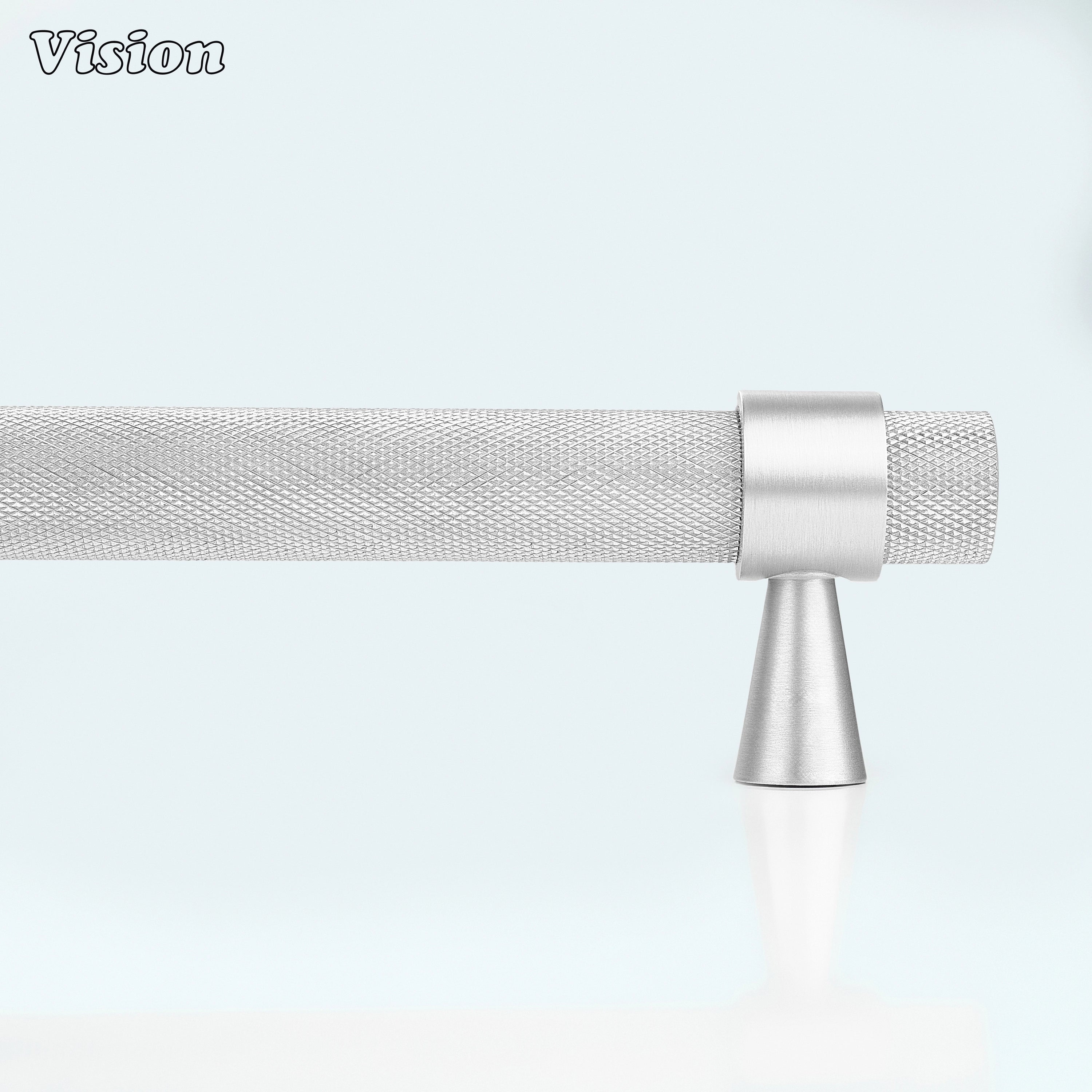 Silver appliance handle with solid brass construction for integrated kitchen appliances.