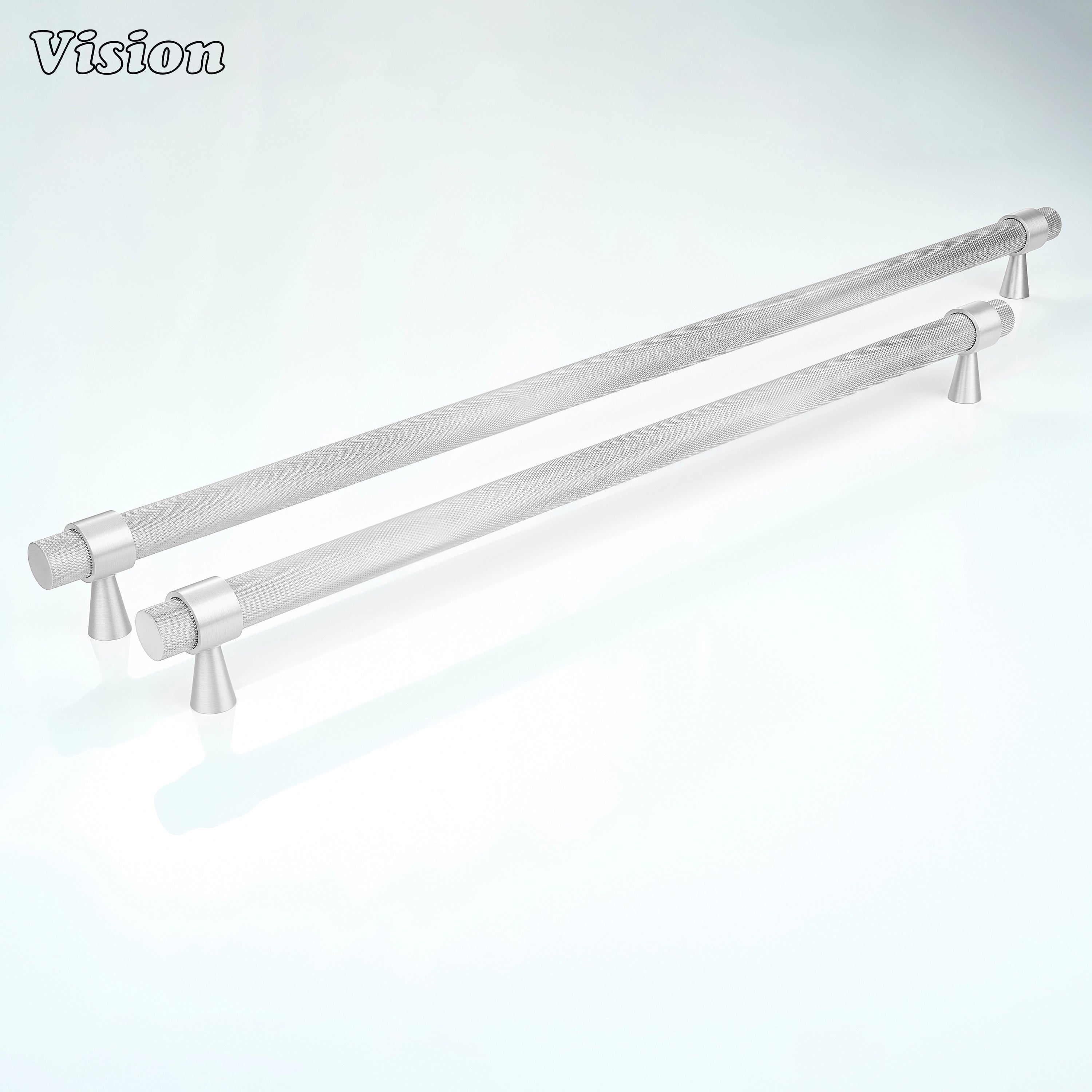 Silver appliance pull with textured solid brass grip for tall pantry appliance cabinets.