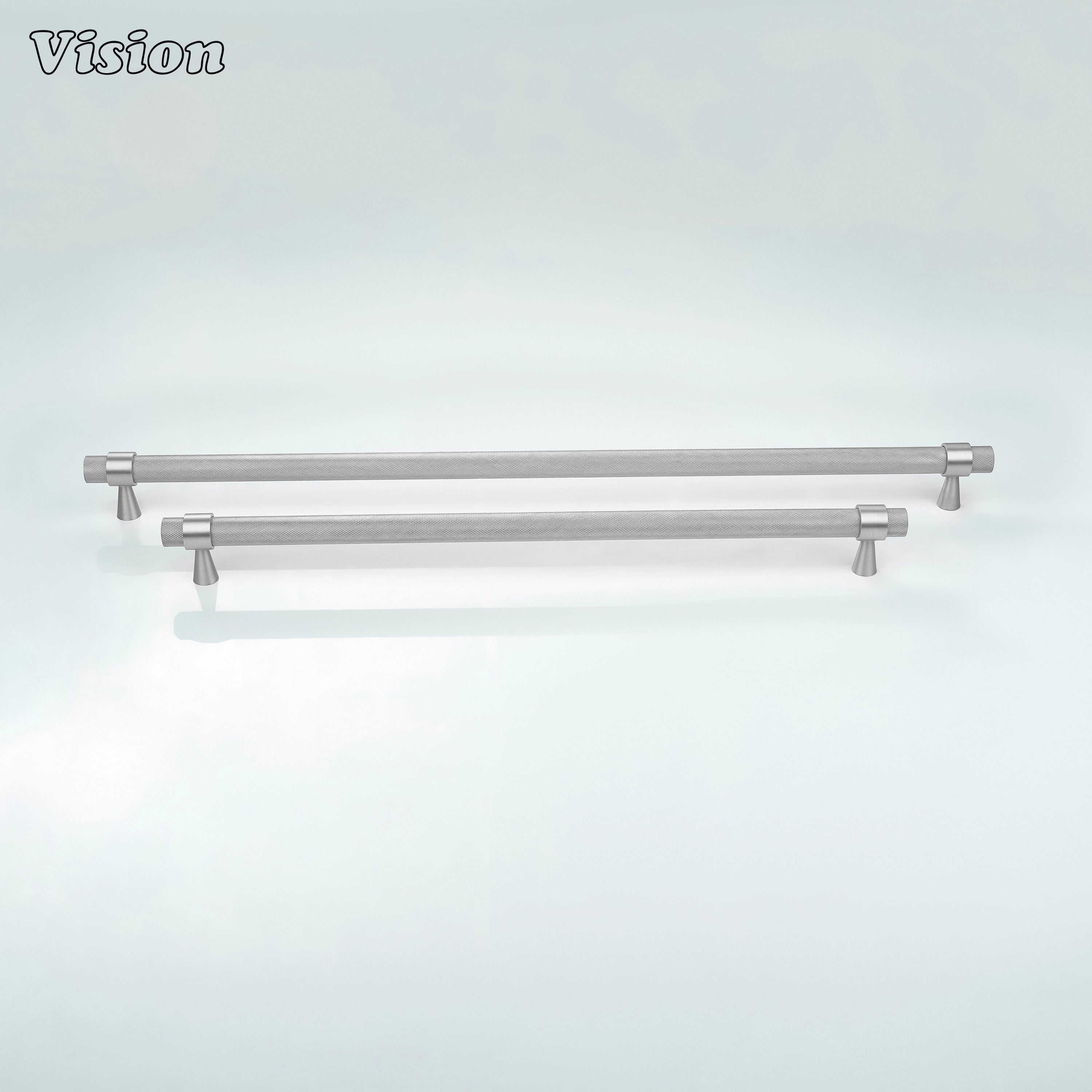 Silver diamond knurled appliance handle for integrated wine cooler cabinetry.