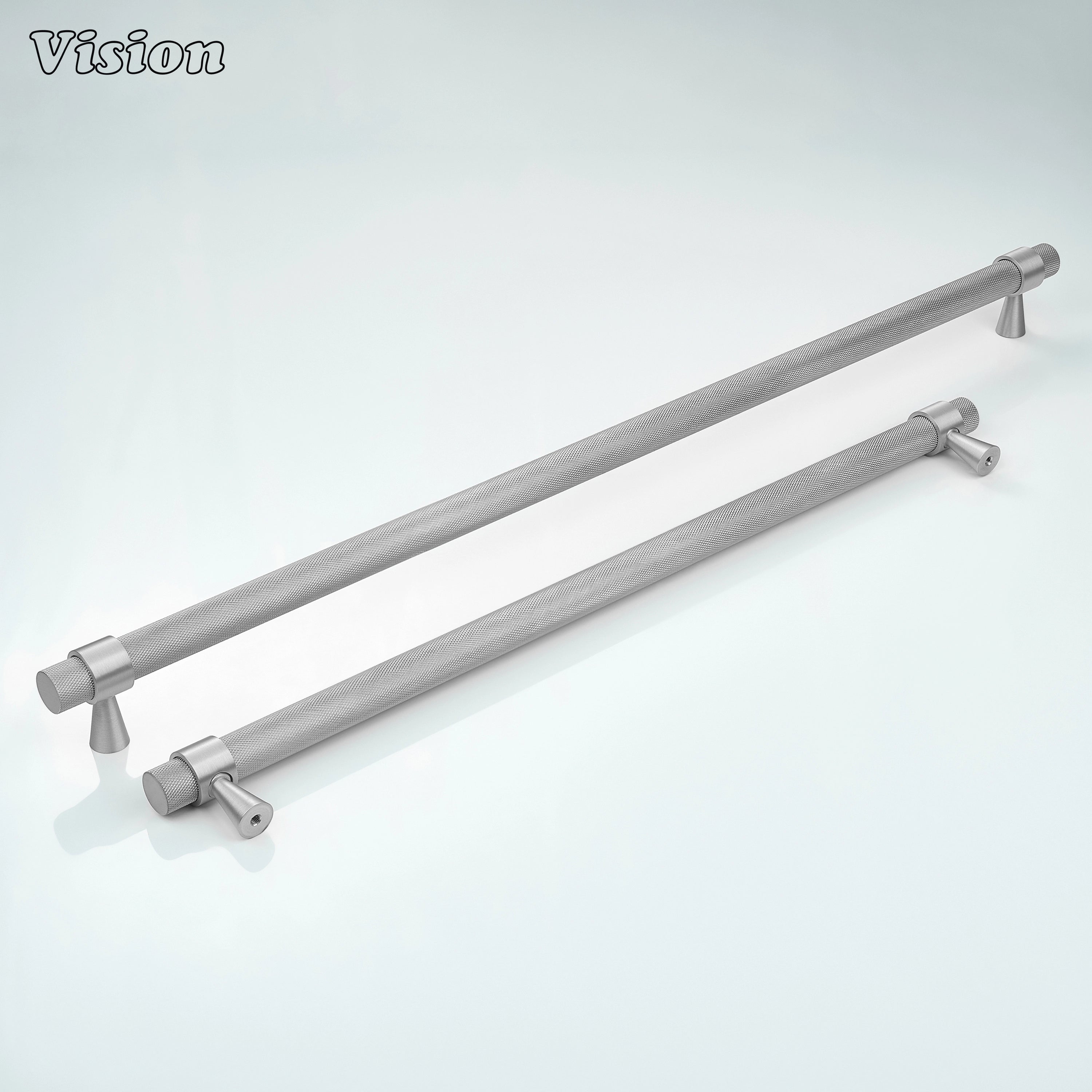 Silver appliance pull with precision-machined brass bar for oversized appliance doors.