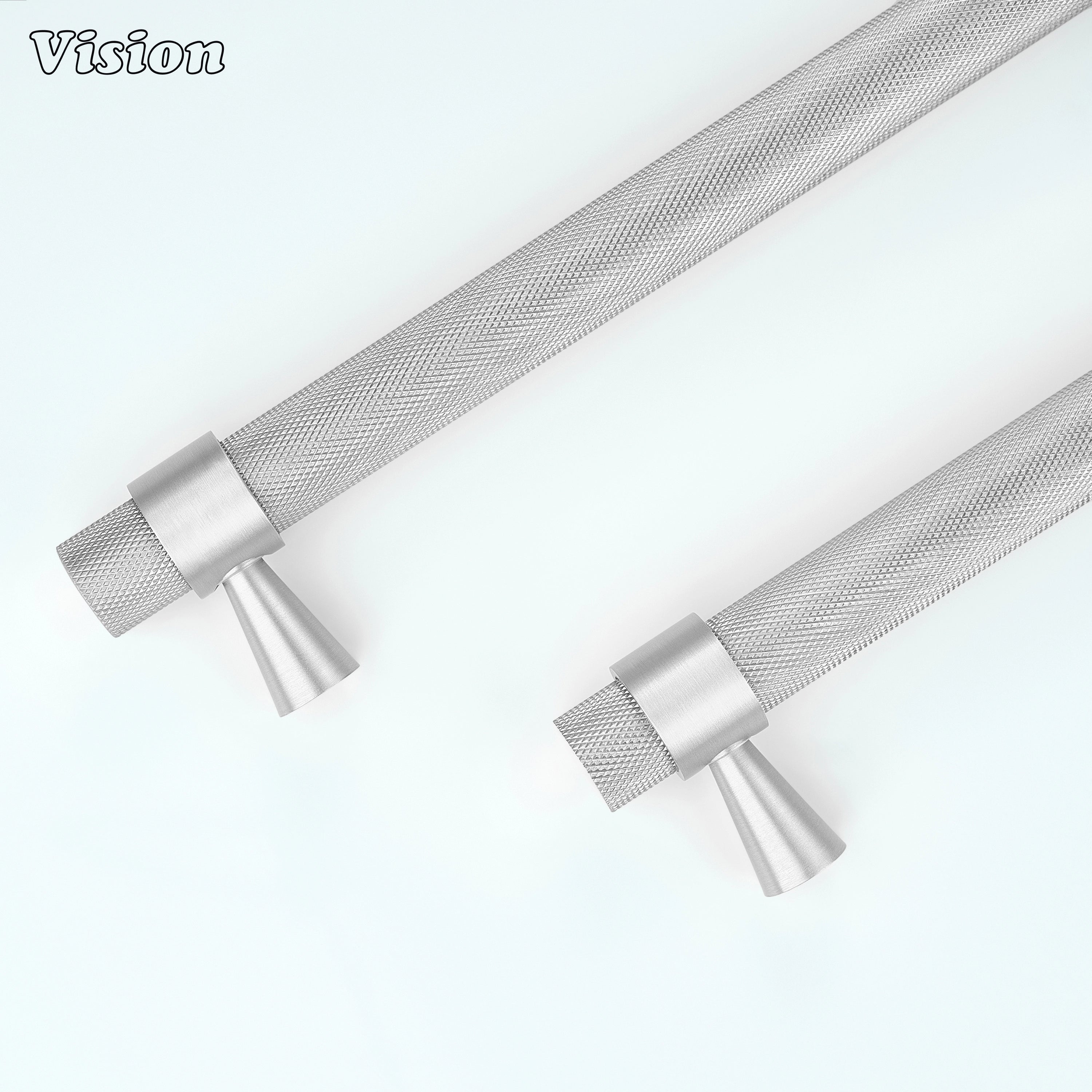 Contemporary Silver knurled appliance handle with decorative cone support for kitchen refrigeration.