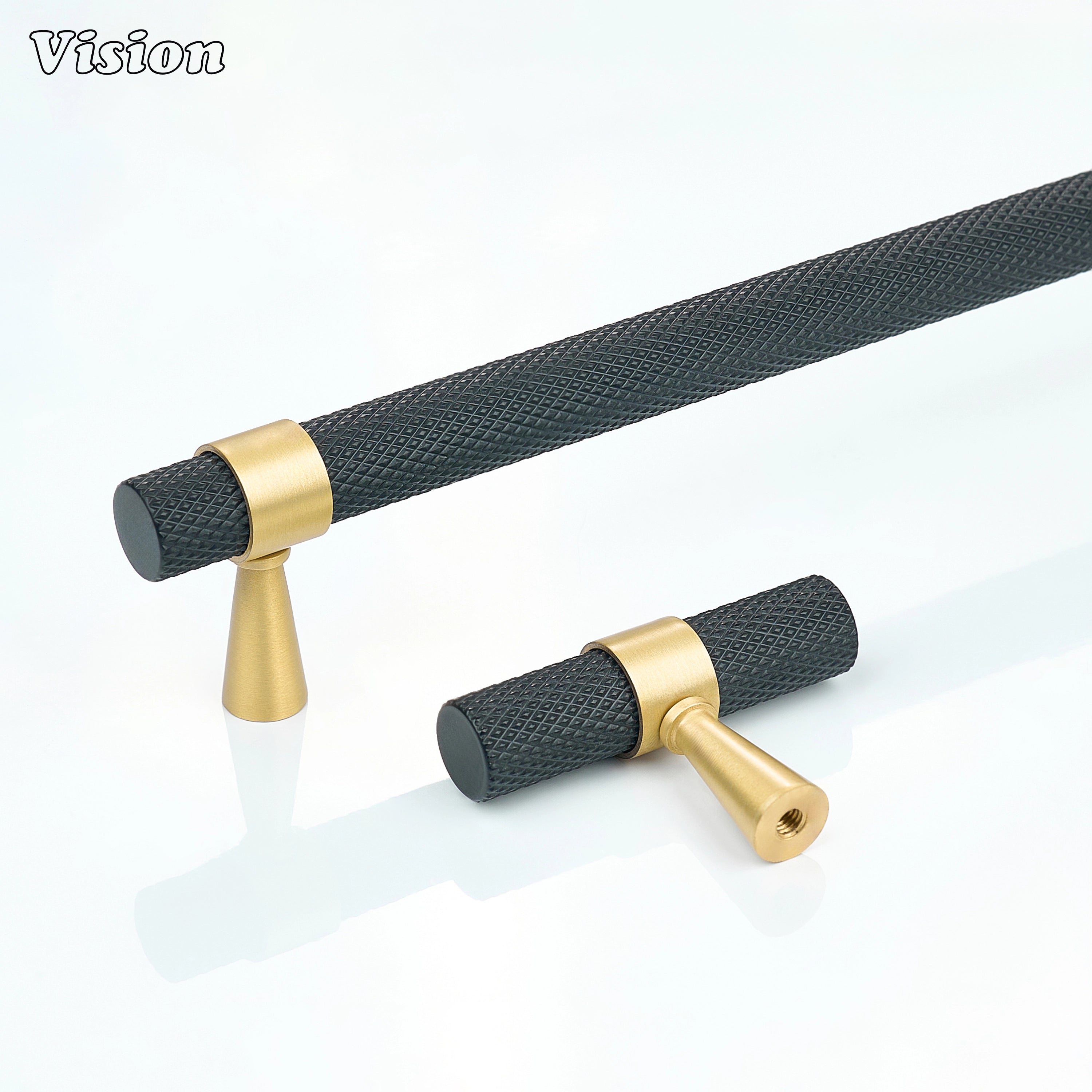 Black cabinet handle with knurled bar and Gold ringed cone legs