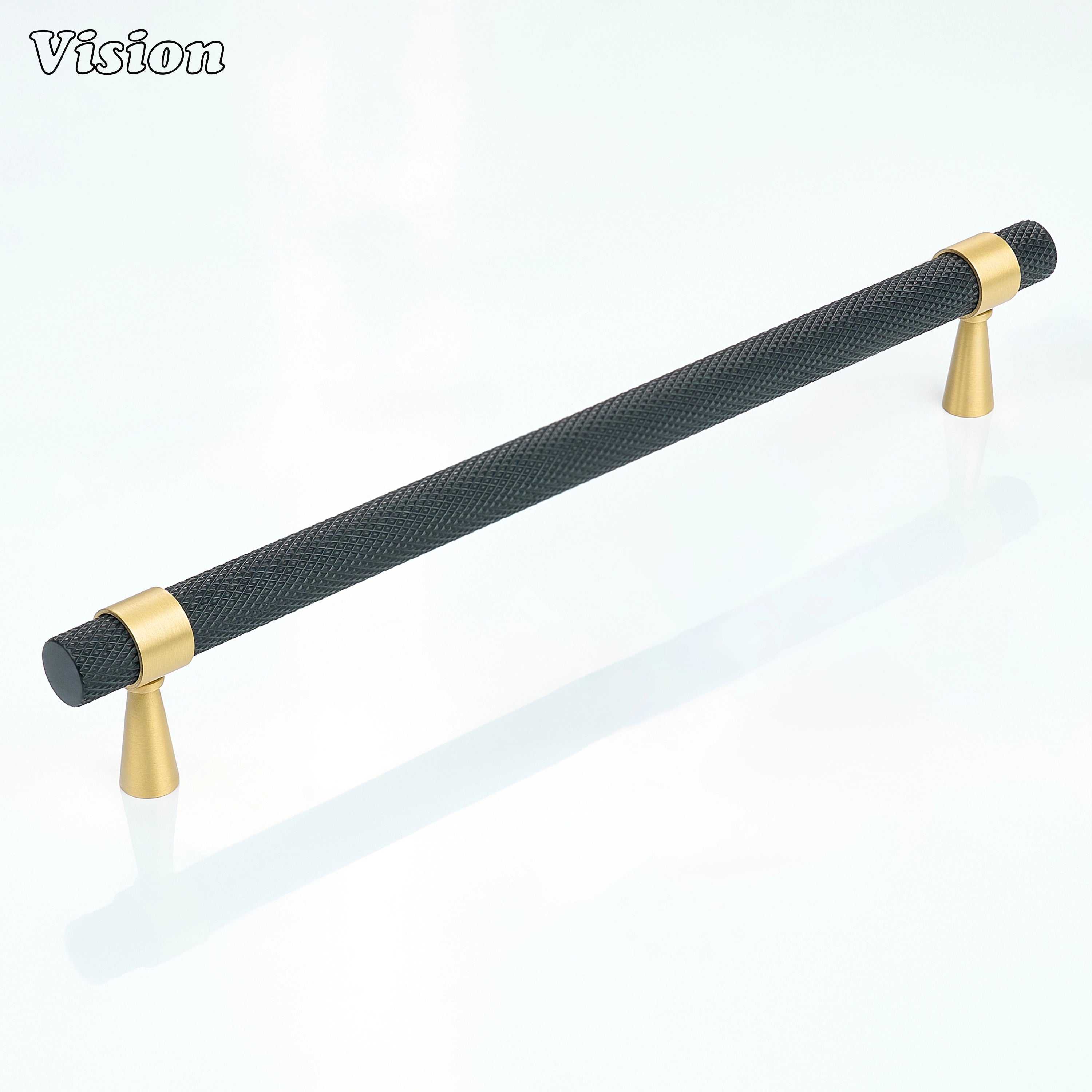 Knurled Black cabinet handle paired with Gold cone legs for cabinets