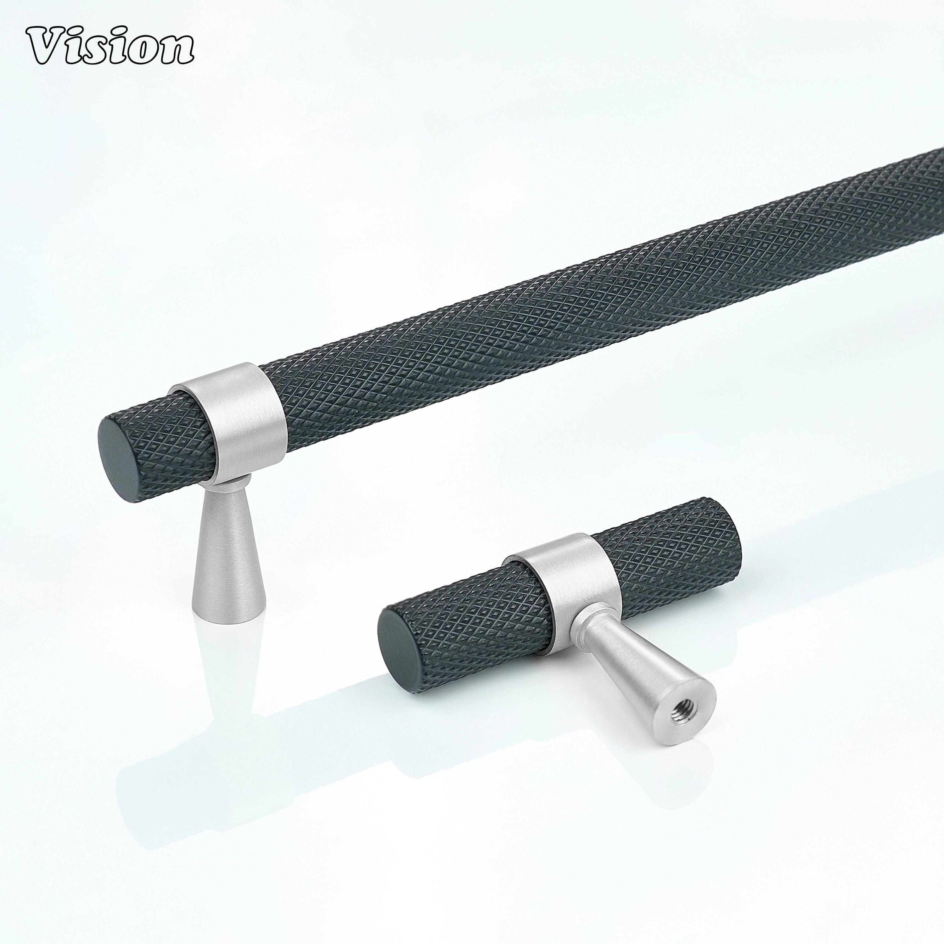 Black cabinet handle with knurled bar and Silver ringed cone legs