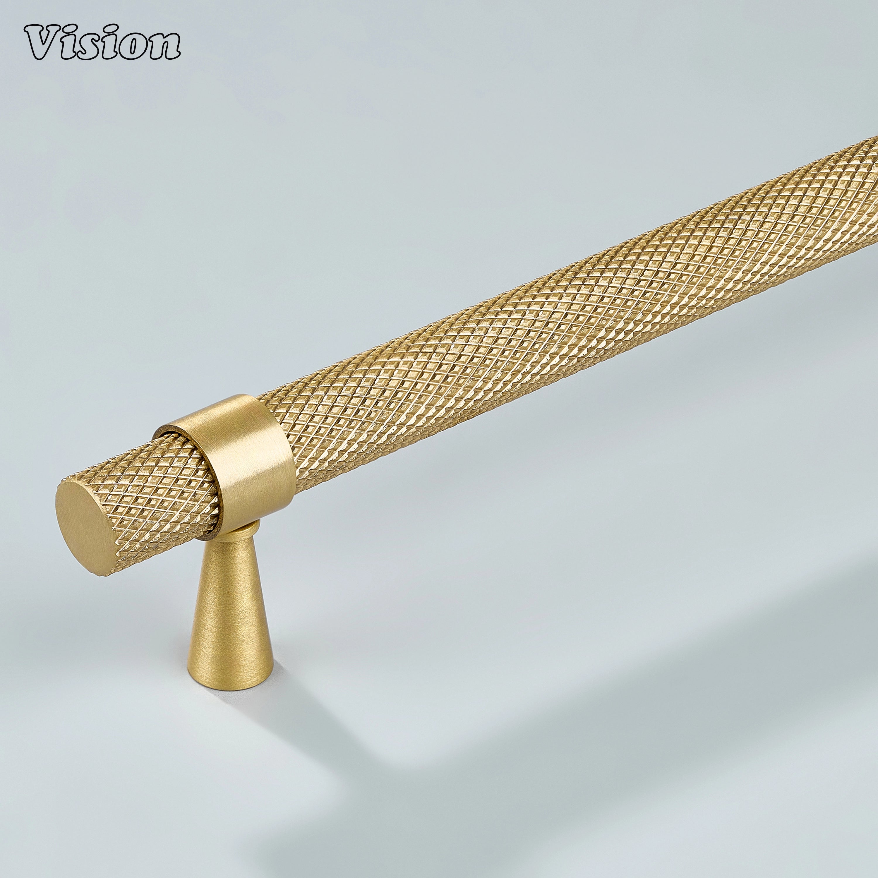 Modern gold knurled handle with cone legs used for kitchen cabinets.