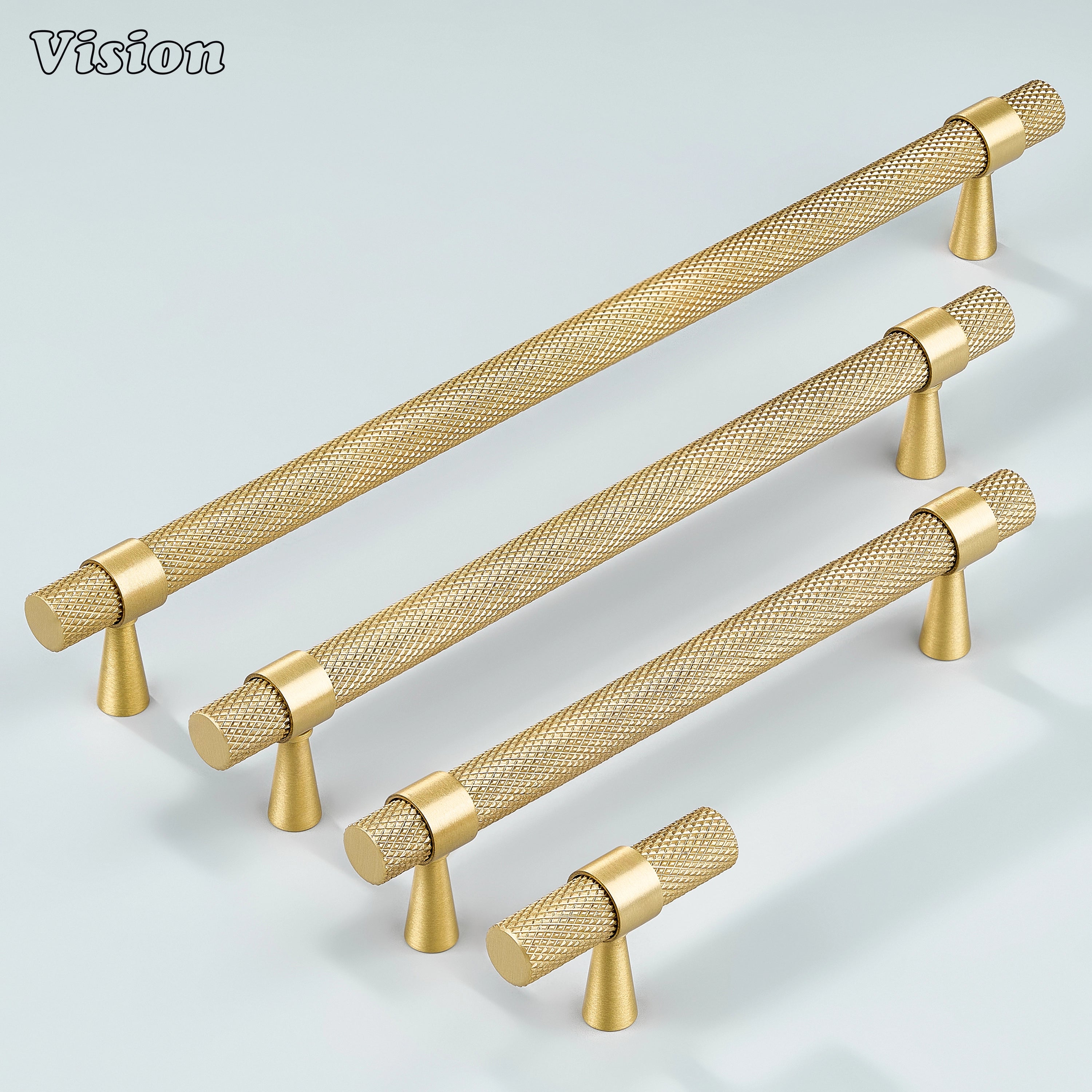 Modern gold knurled handle with cone legs used for wardrobe doors.