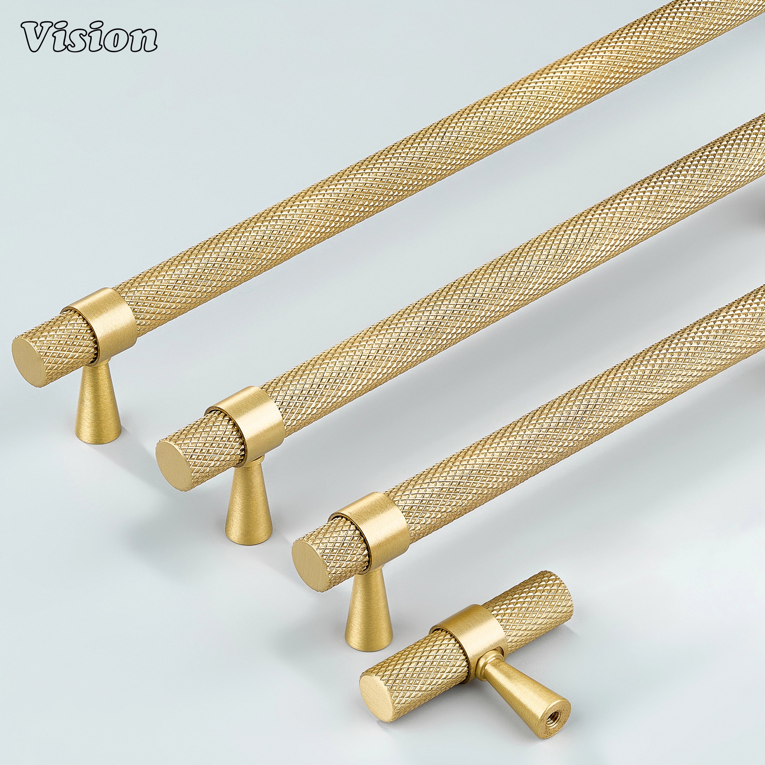 Modern gold knurled handle with cone legs used for dresser drawers.