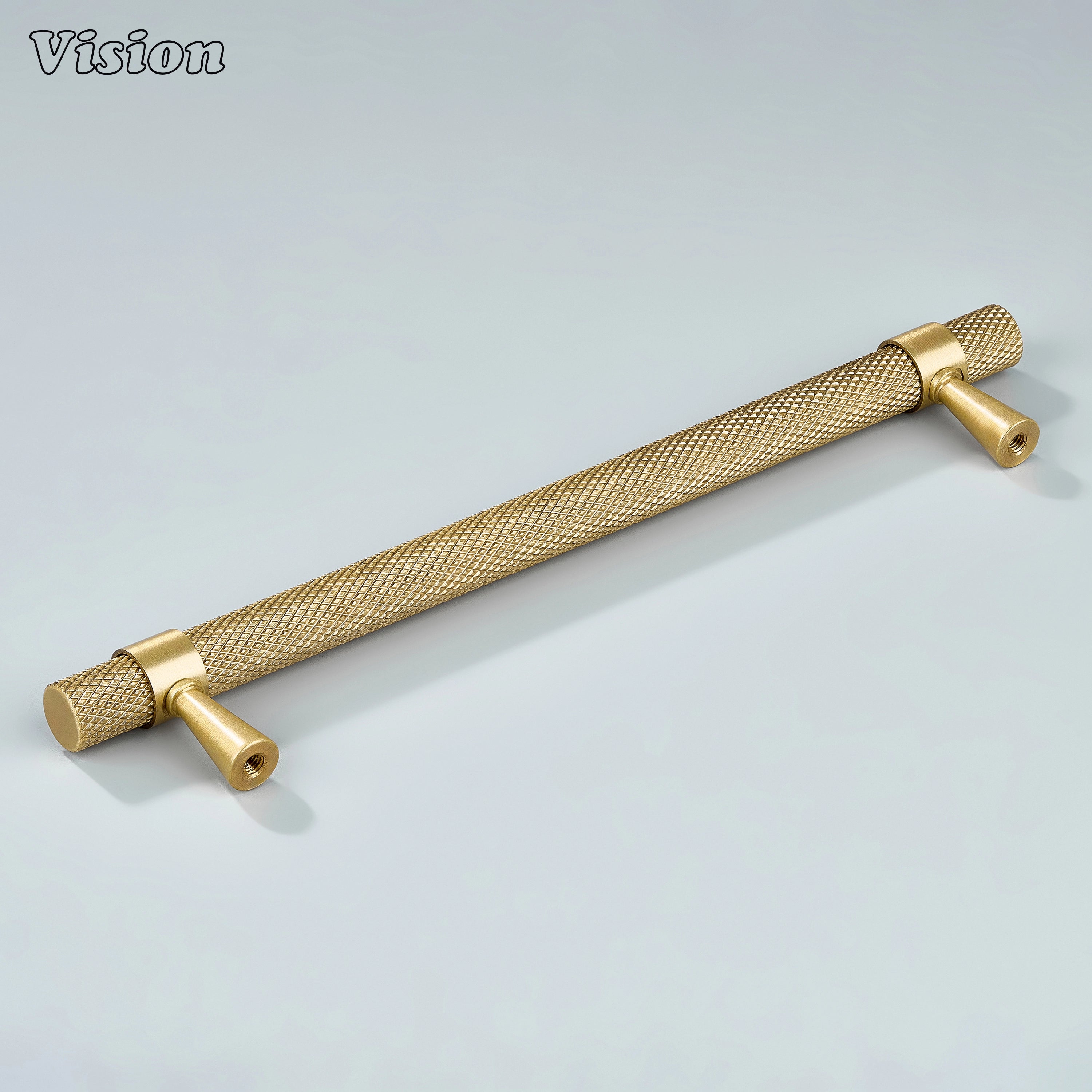 Modern gold knurled handle with cone legs used for closet doors.