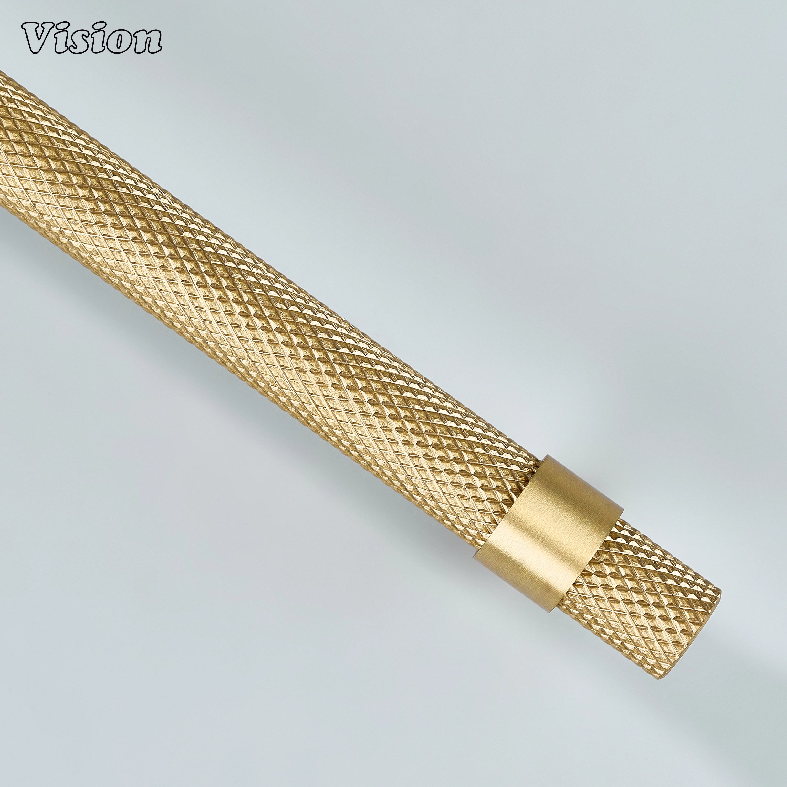 Modern gold knurled handle with cone legs used for furniture drawers.