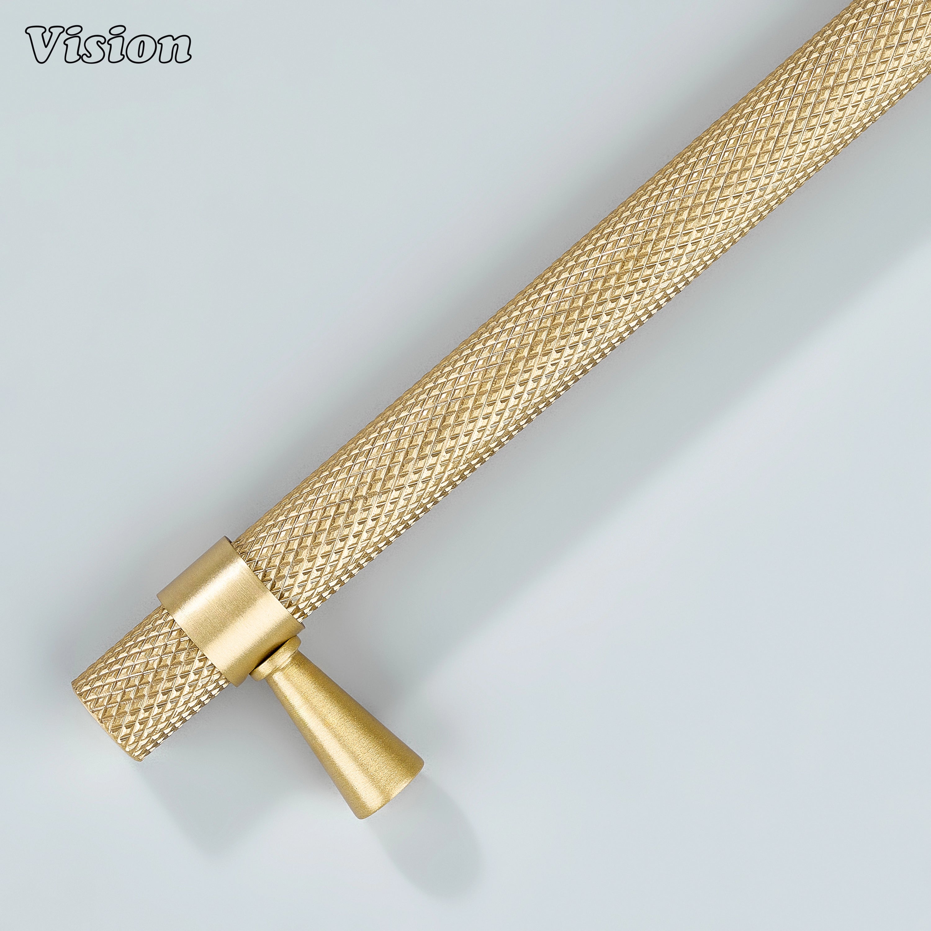 Modern gold knurled handle with cone legs used for vanity drawers.