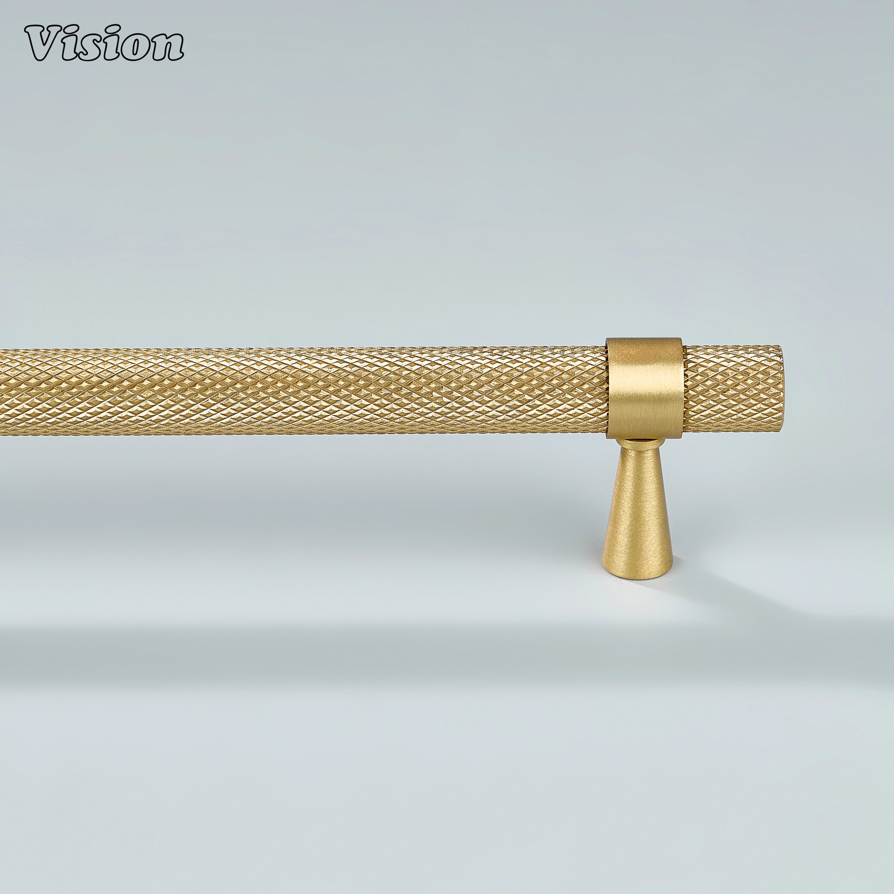 Modern gold knurled handle with cone legs used for living room cabinets.