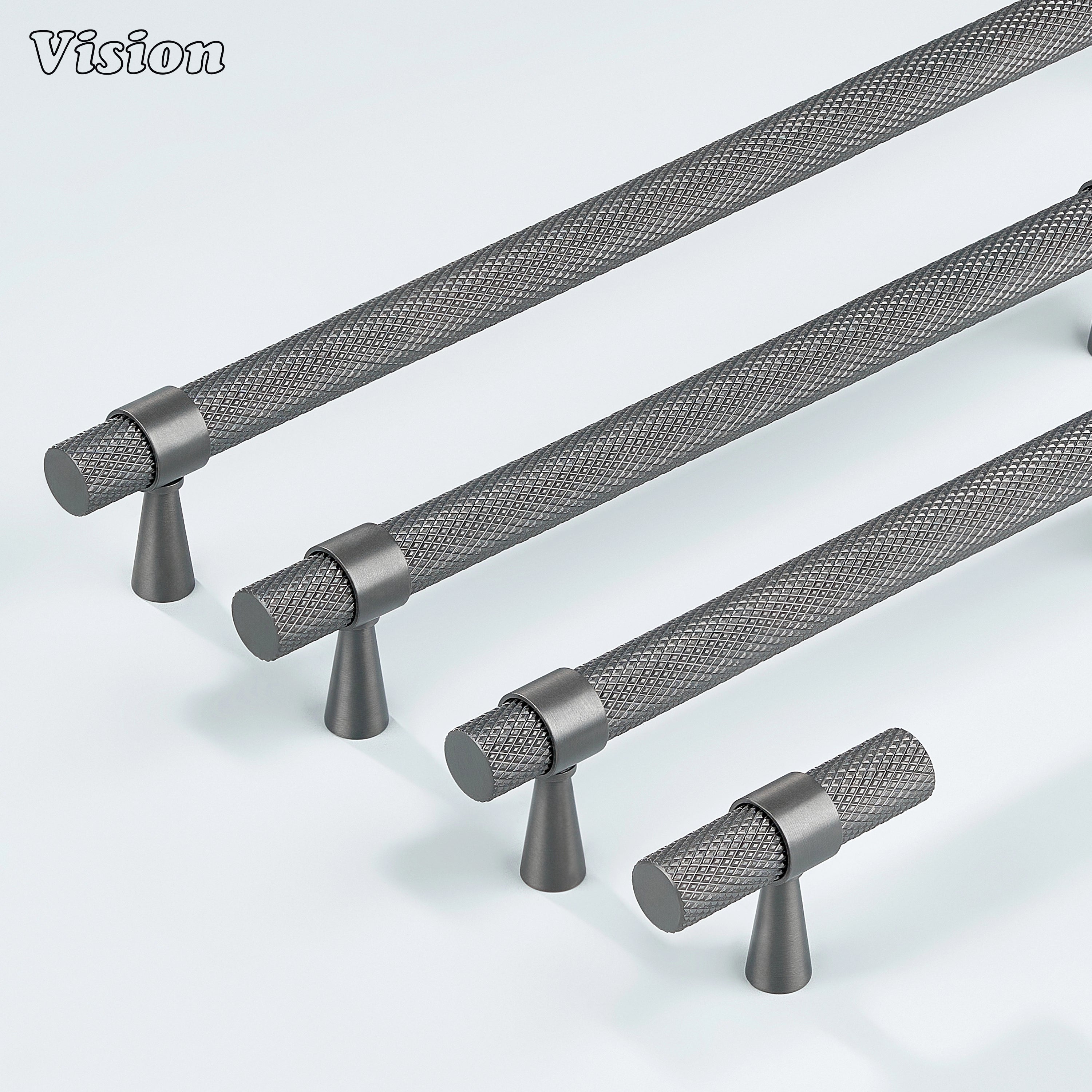 Sleek gunmetal knurled handle used for cupboards and furniture.