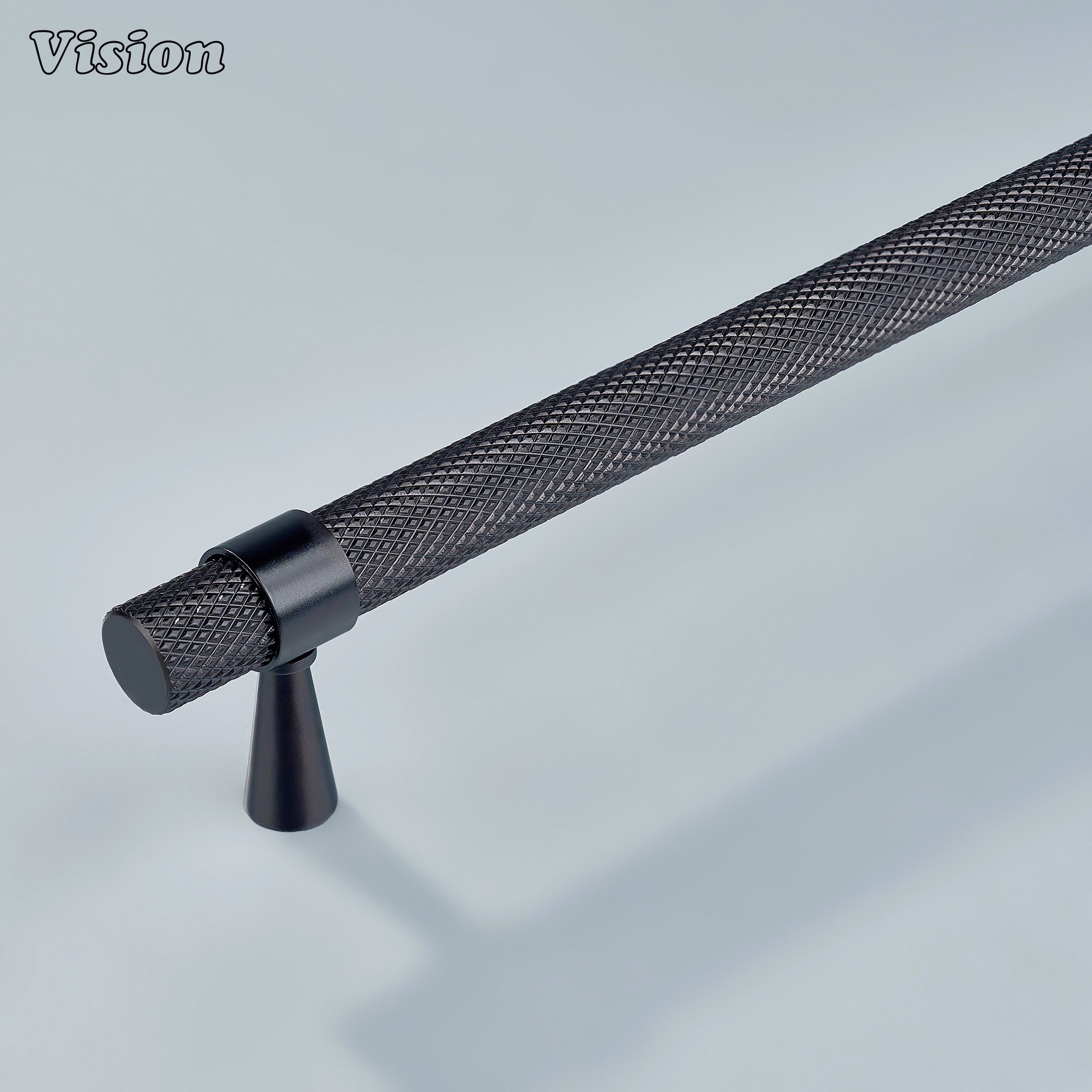 Modern oil rubbed bronze knurled handle with cone legs used for wardrobe and drawer combinations.