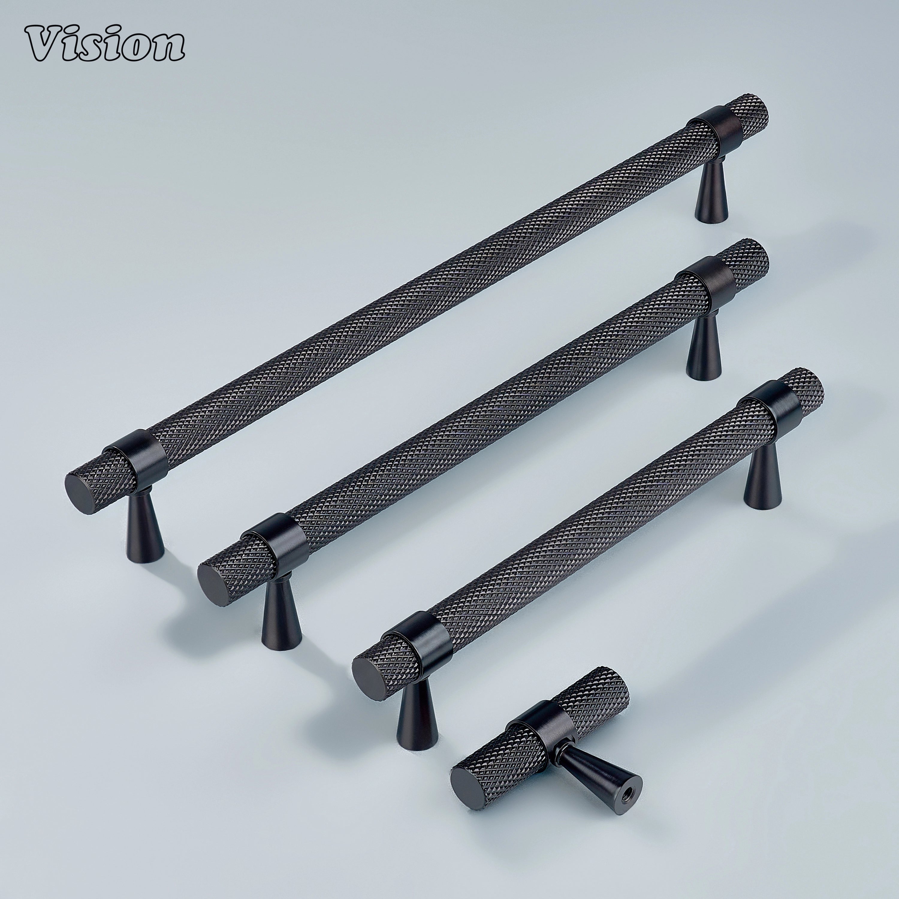 Modern oil rubbed bronze knurled handle with cone legs used for kitchen cabinets.