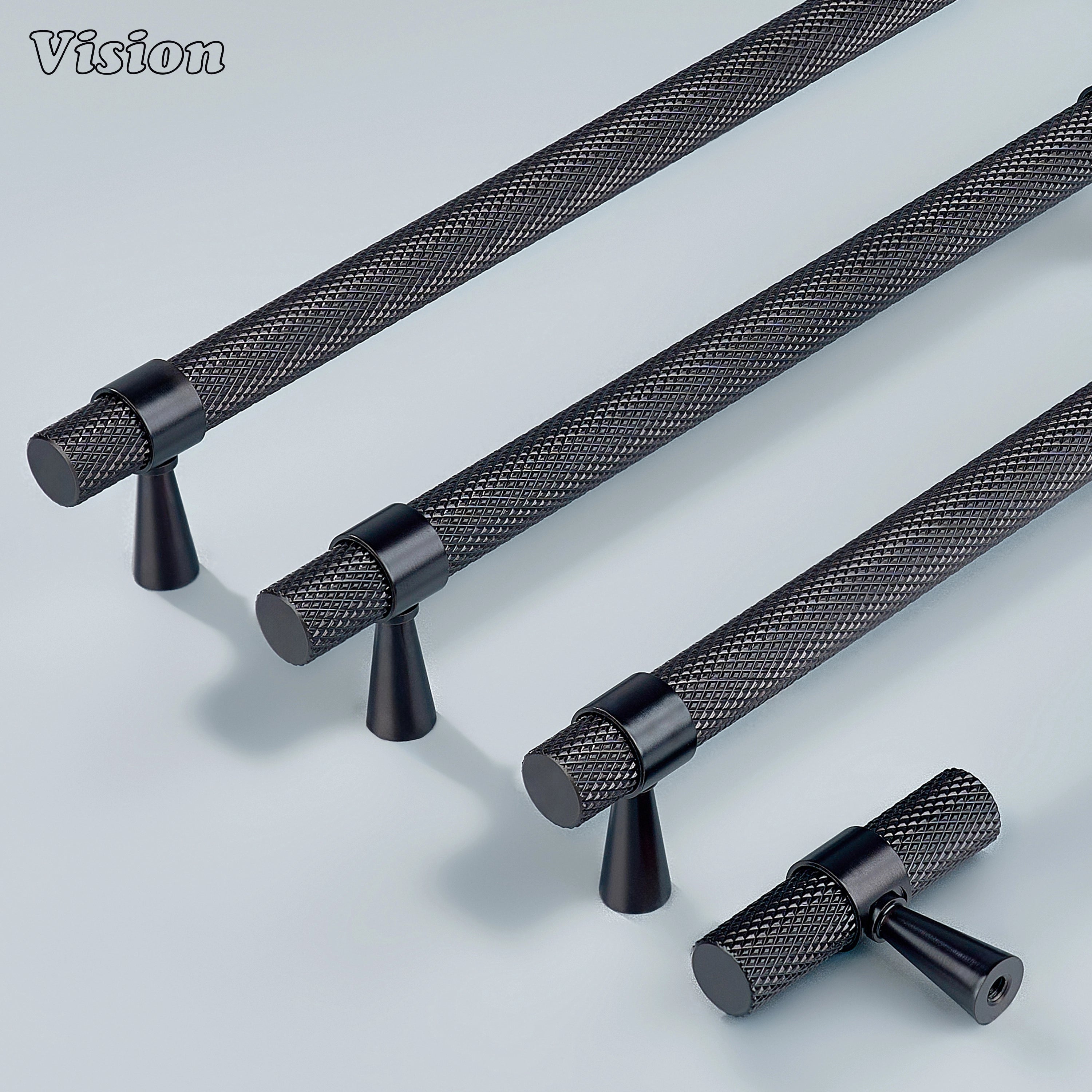 Modern oil rubbed bronze knurled handle with cone legs used for wardrobe doors.
