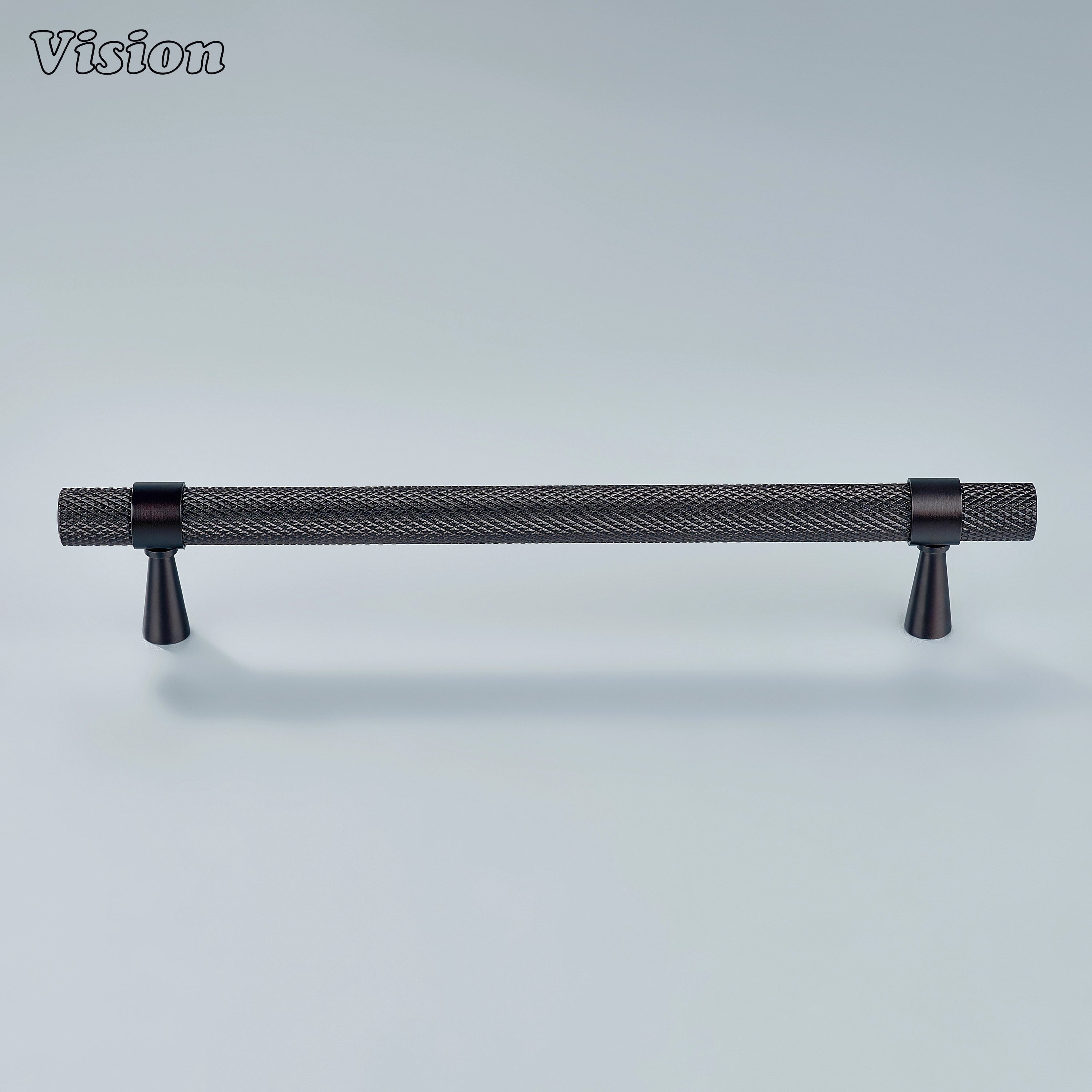 Modern oil rubbed bronze knurled handle with cone legs used for dresser drawers.