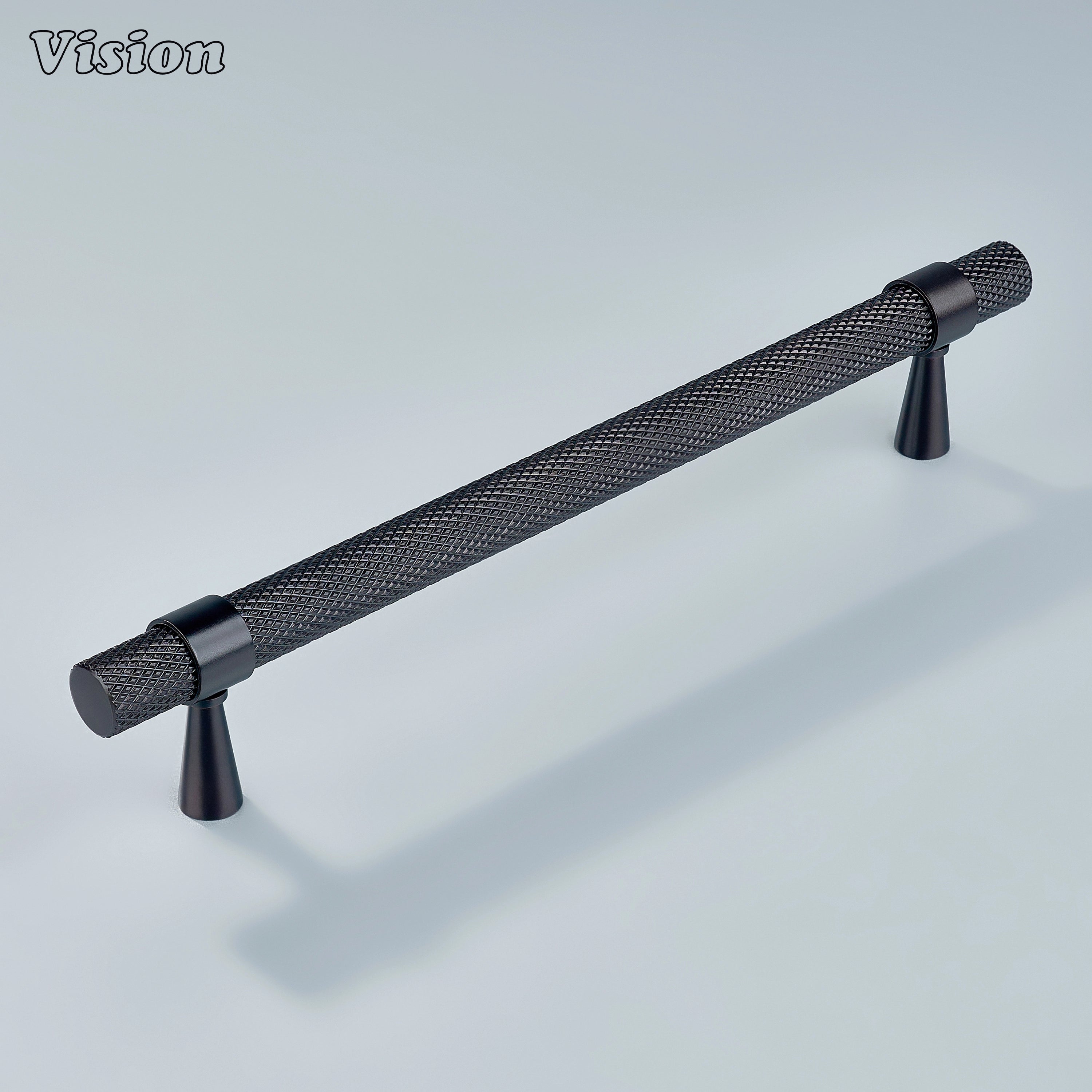 Modern oil rubbed bronze knurled handle with cone legs used for cupboards.