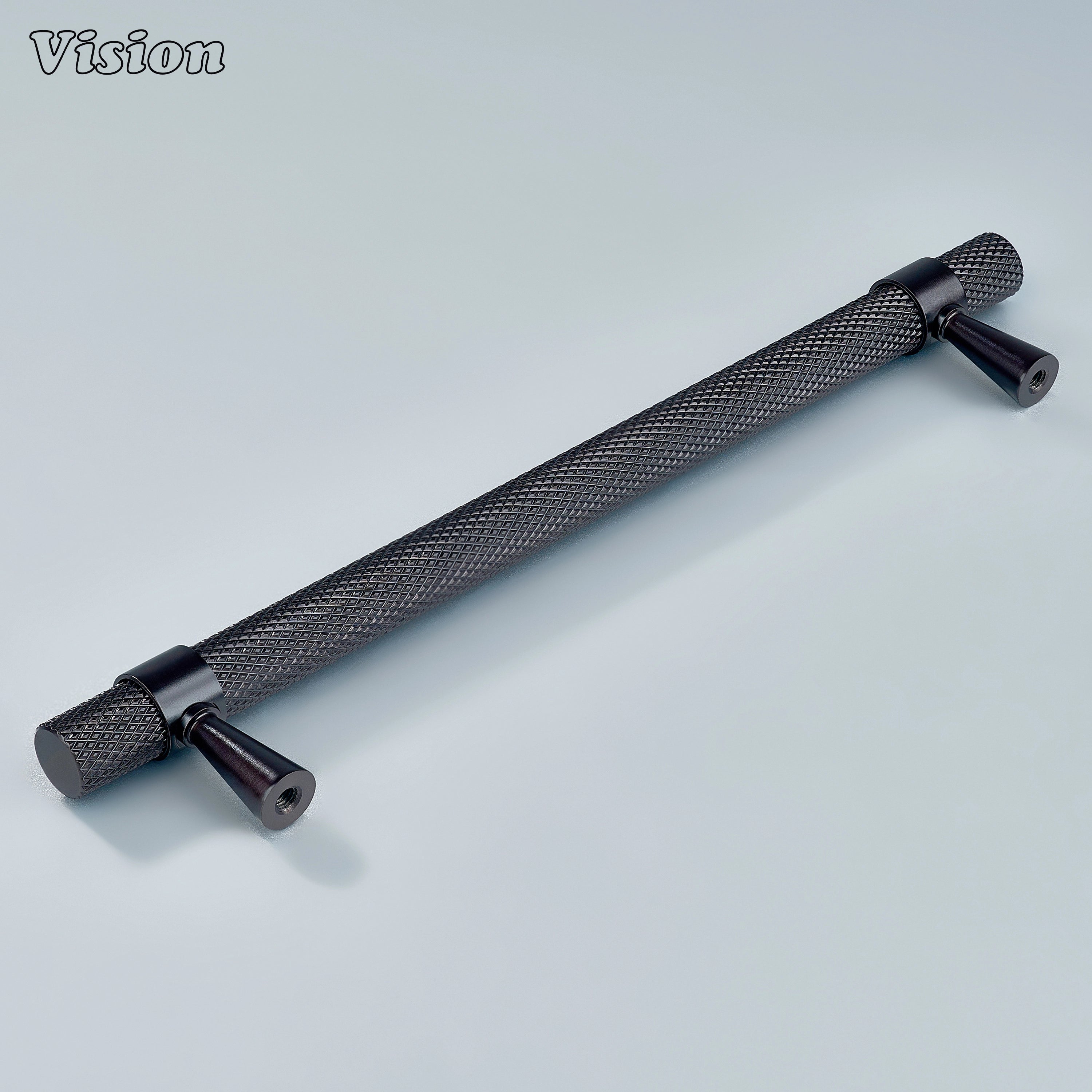 Modern oil rubbed bronze knurled handle with cone legs used for closet doors.