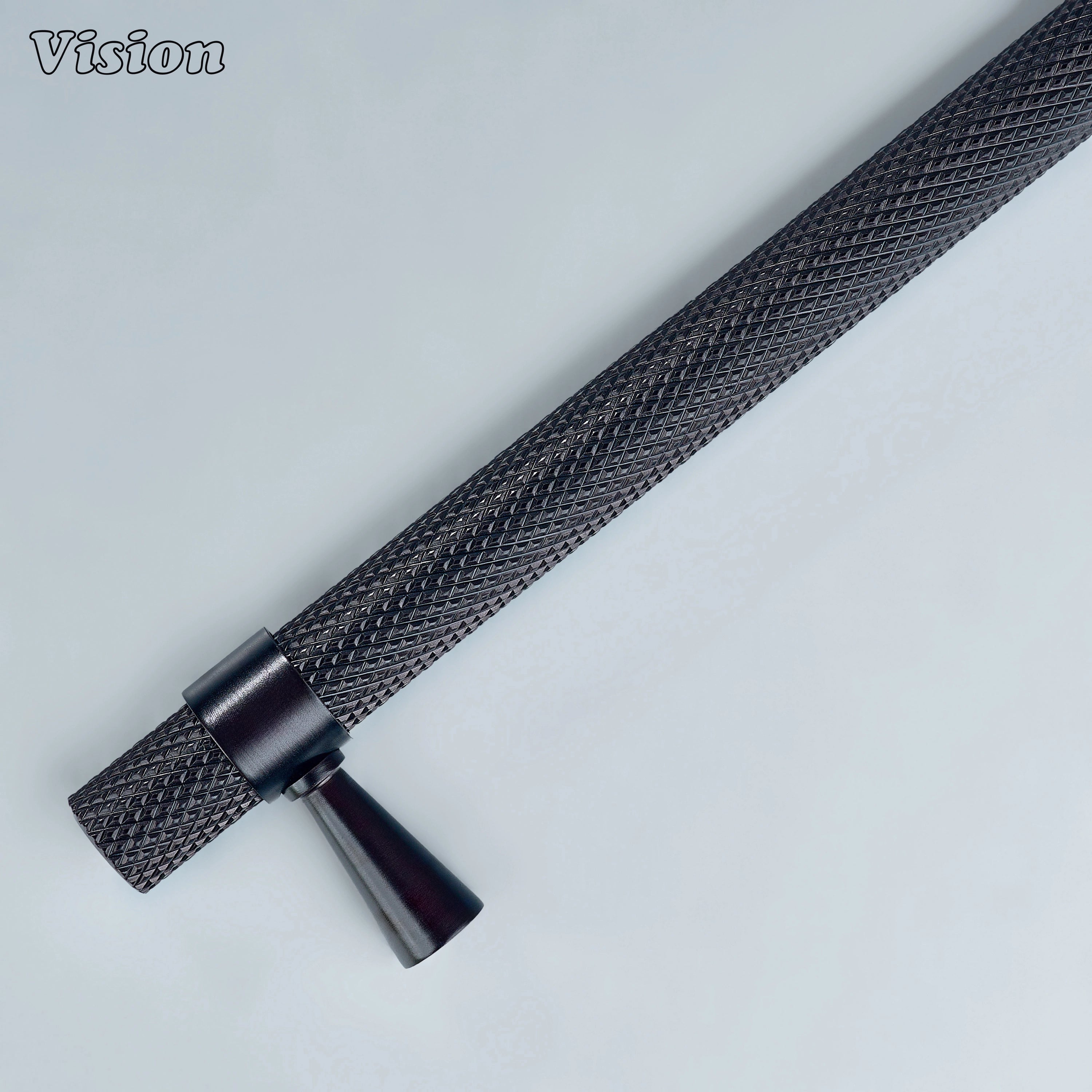 Modern oil rubbed bronze knurled handle with cone legs used for bathroom cabinets.