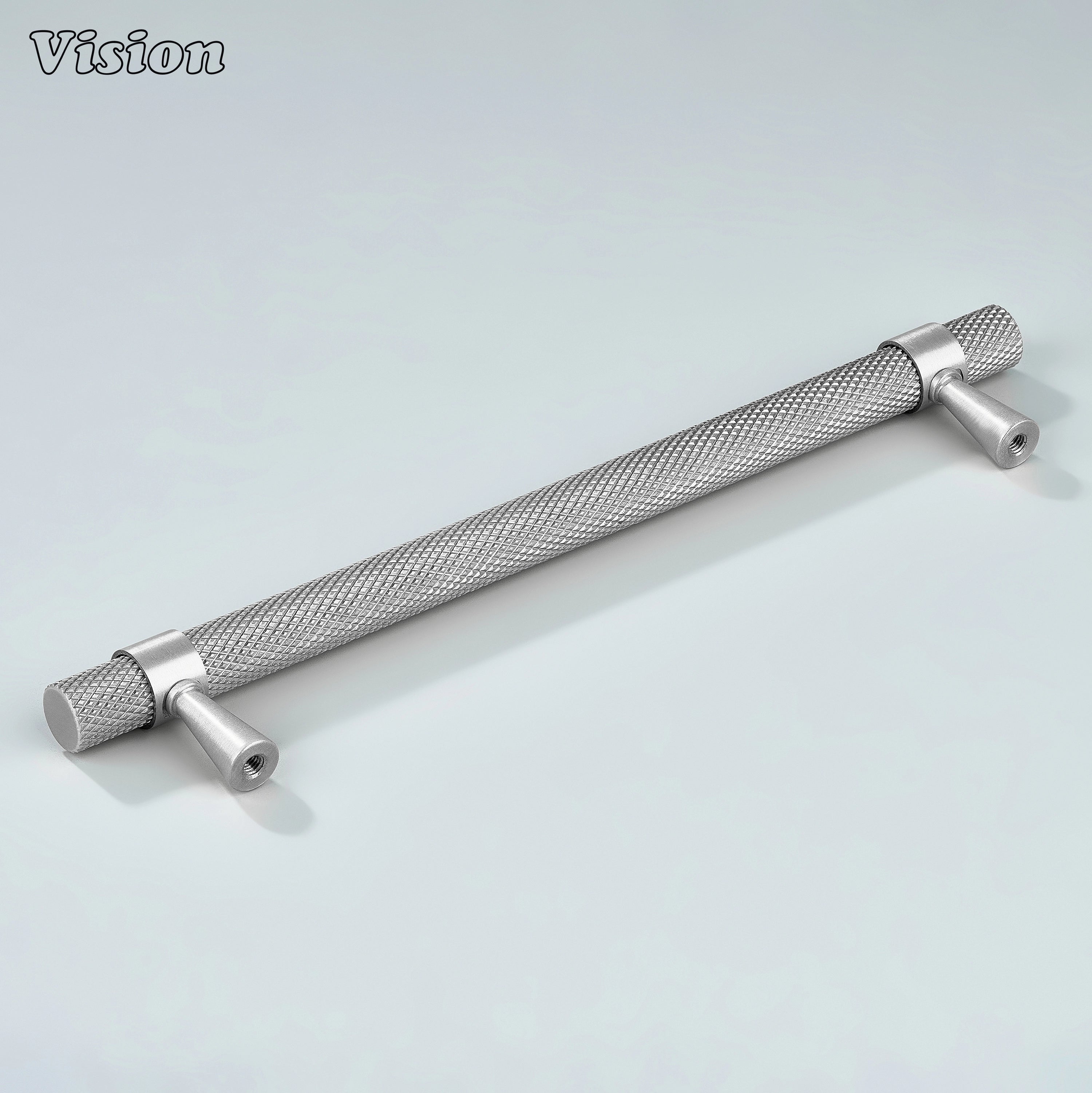Polished silver knurled handle used for modular kitchen drawers.